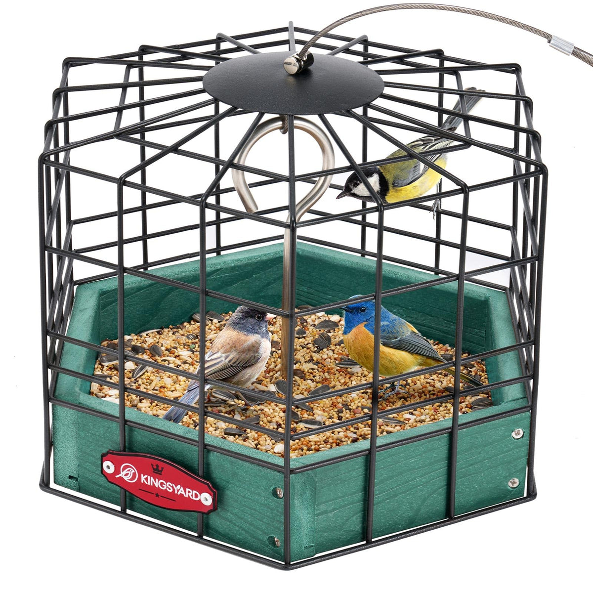 Kingsyard squirrel-proof platform feeder with metal mesh cover for small wild birds.
