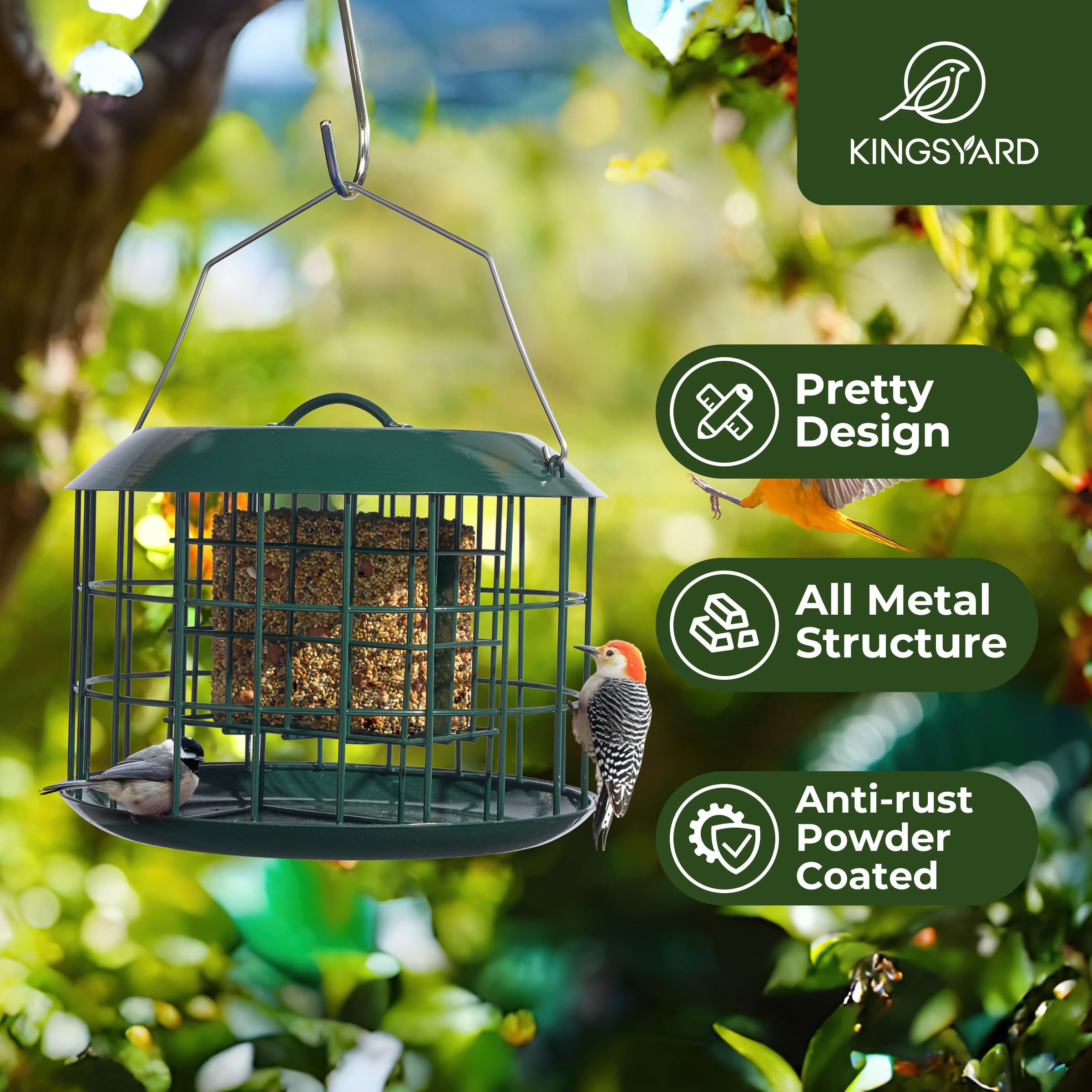 Kingsyard squirrel-proof suet feeder side view highlights sturdy construction.