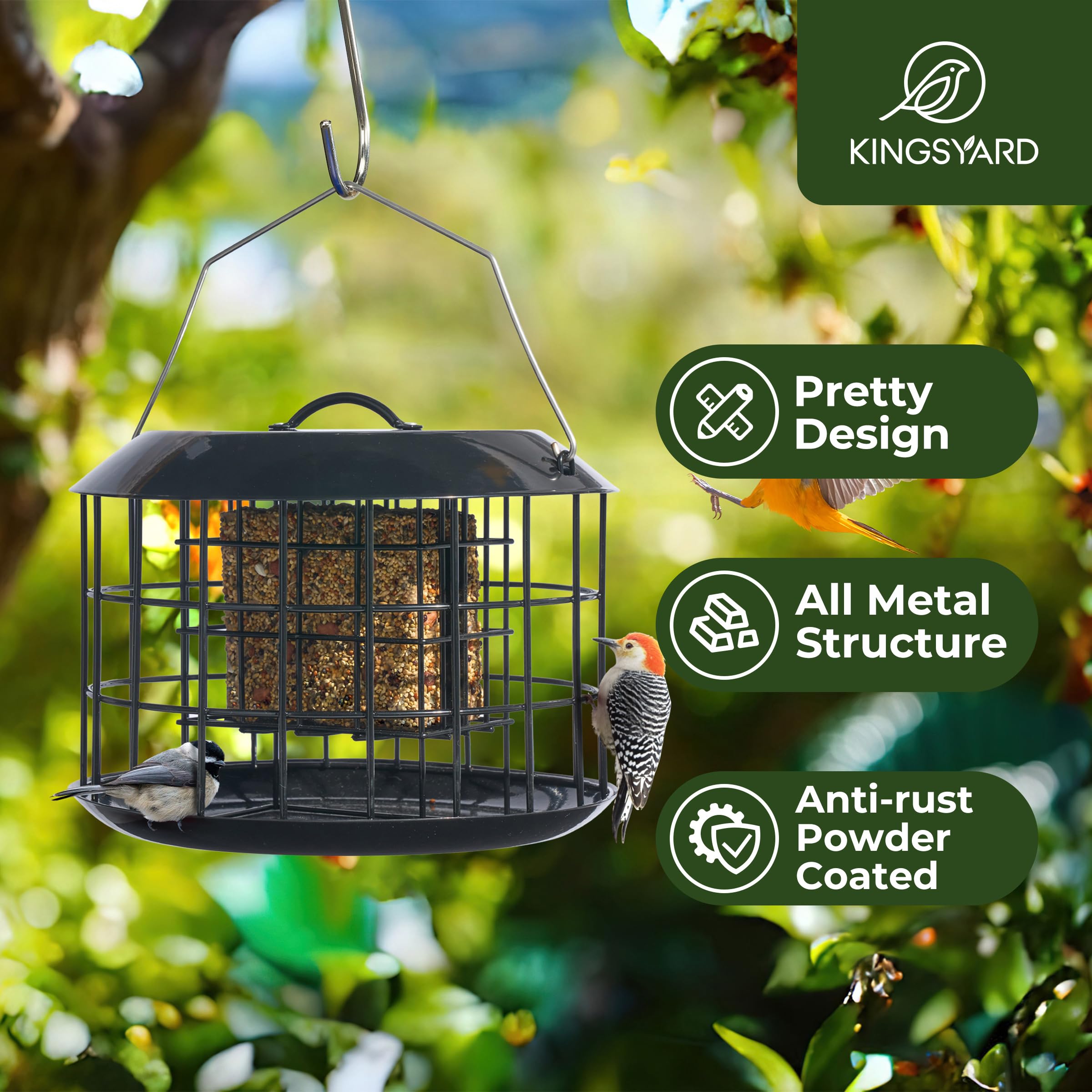 Kingsyard squirrel-proof suet feeder top-baffle design shields birds from sun and rain.