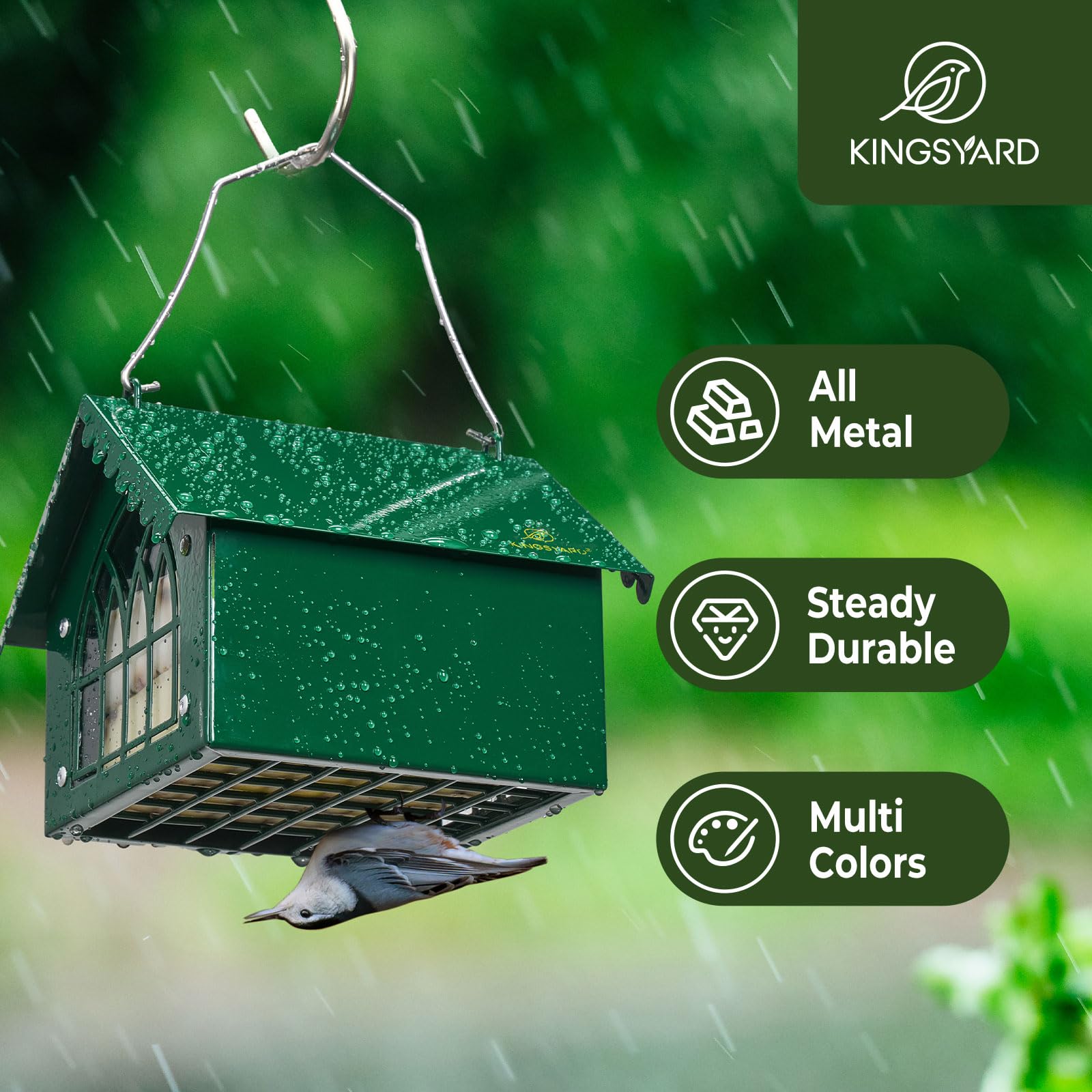 Squirrel-proof Kingsyard feeder design protects suet blocks while birds feed upside down.