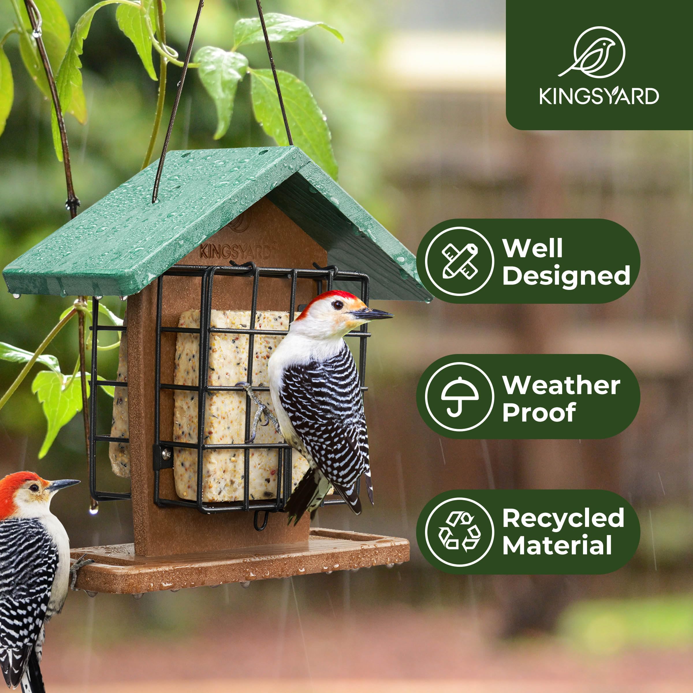Kingsyard recycled plastic suet feeder, two cages, easy refill for busy woodpeckers and chickadees.