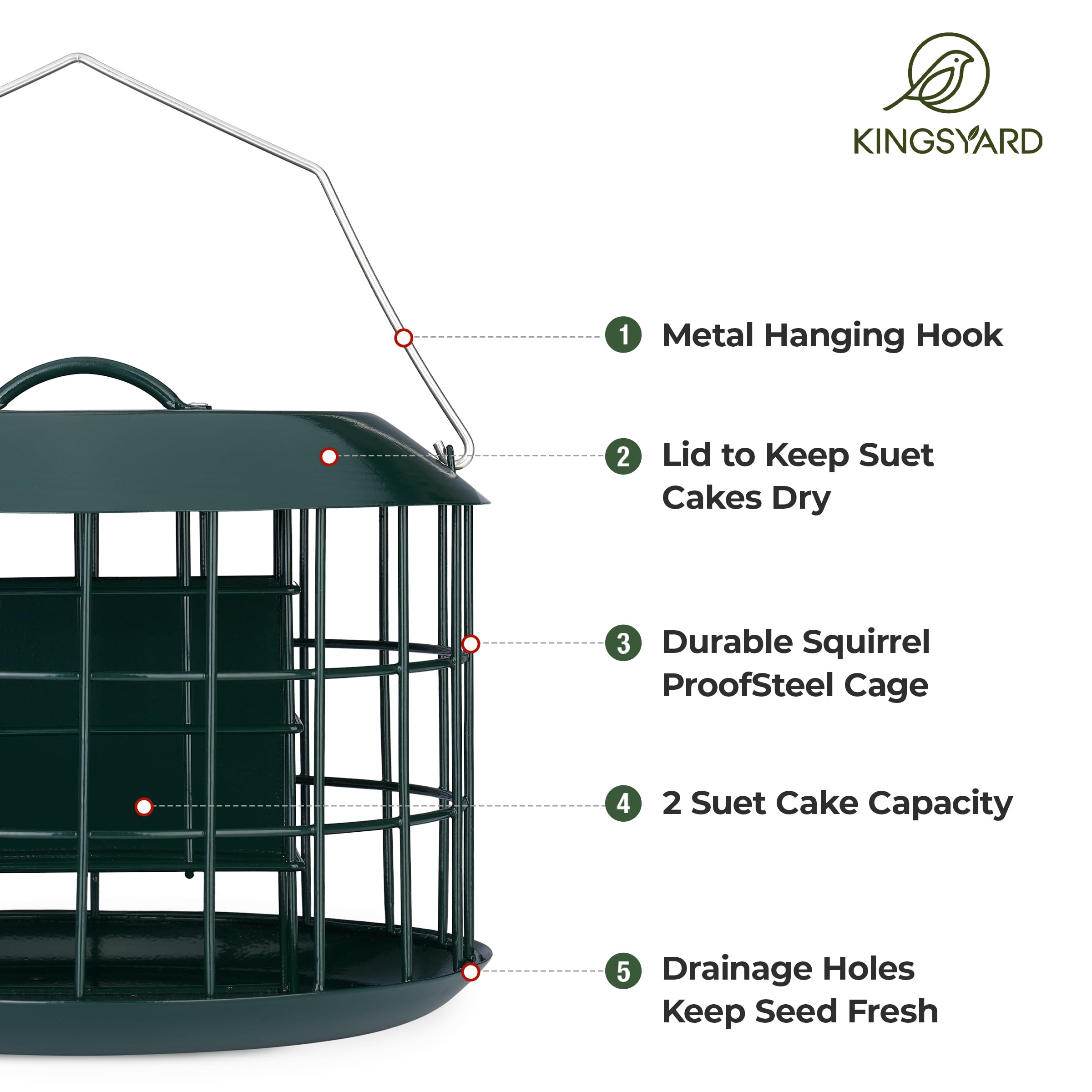 Kingsyard suet feeder with removable roof for easy refills and cleaning.