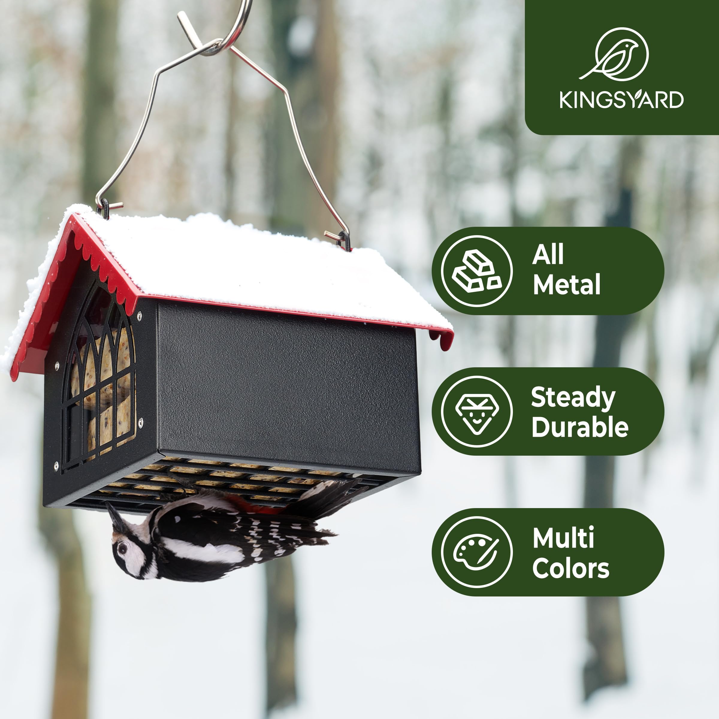 Kingsyard suet feeder with weatherproof roof protecting food from elements