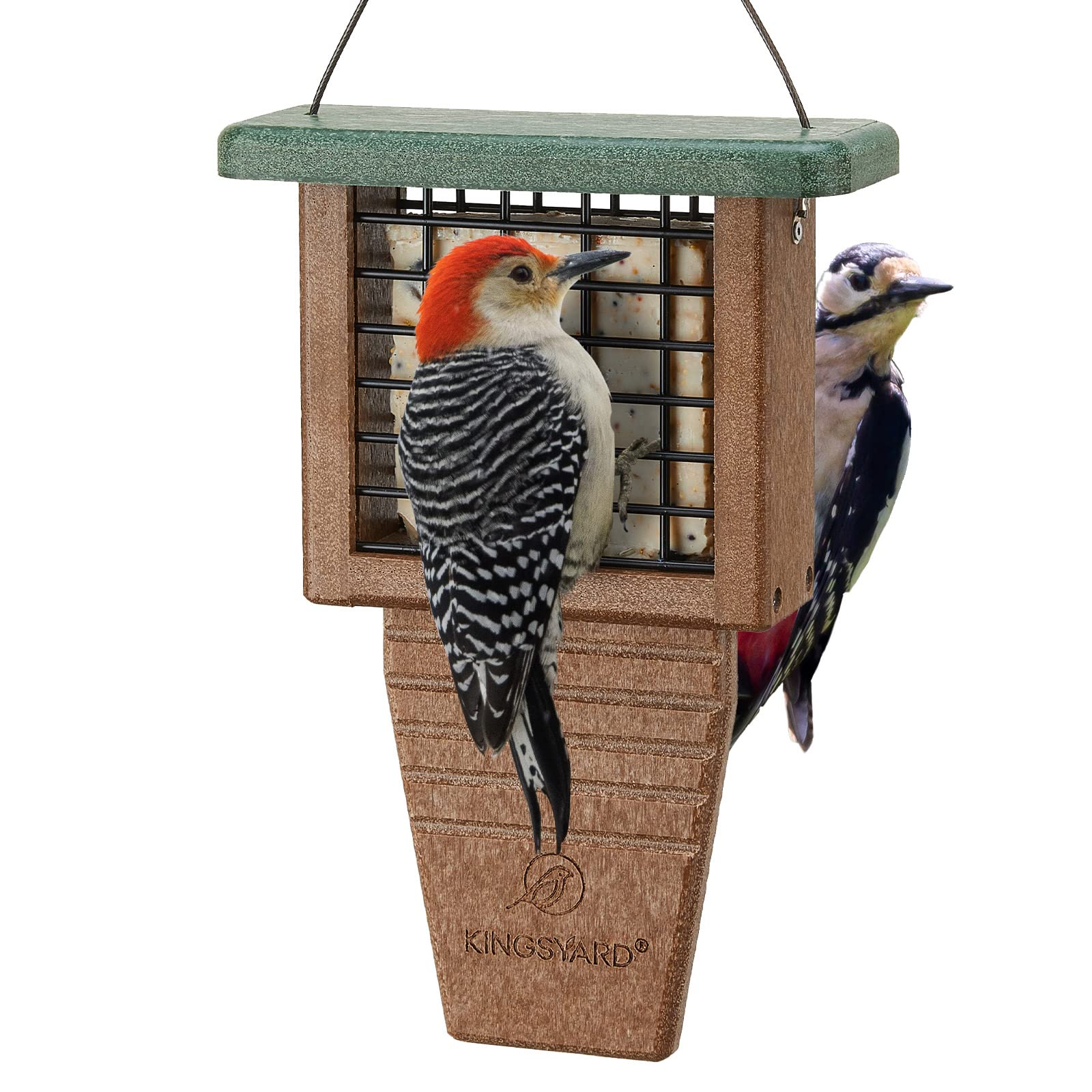 Kingsyard tail-pro-area suet feeder highlights woodpecker balance while feeding.
