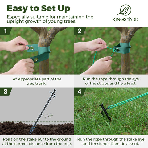 Kingsyard tree stake kit straps secure trees without bark damage.