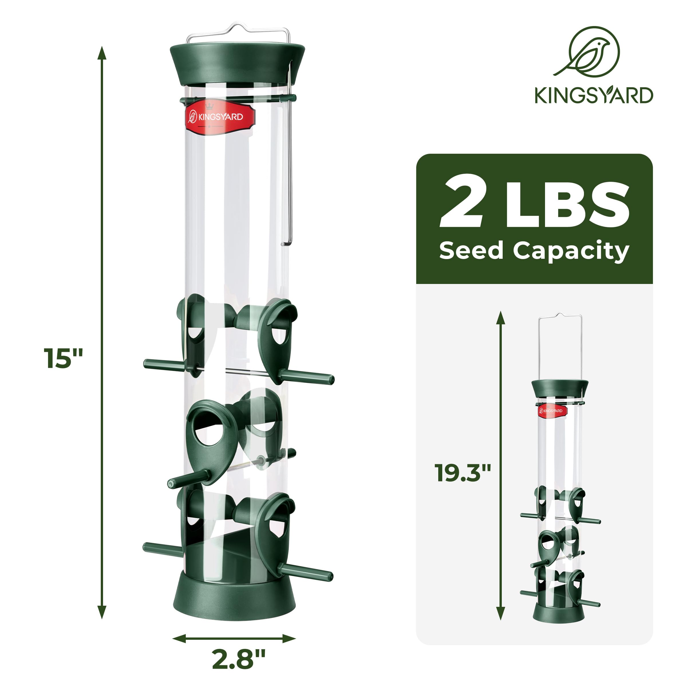 Kingsyard tube bird feeder clear seed compartment shows when to refill.