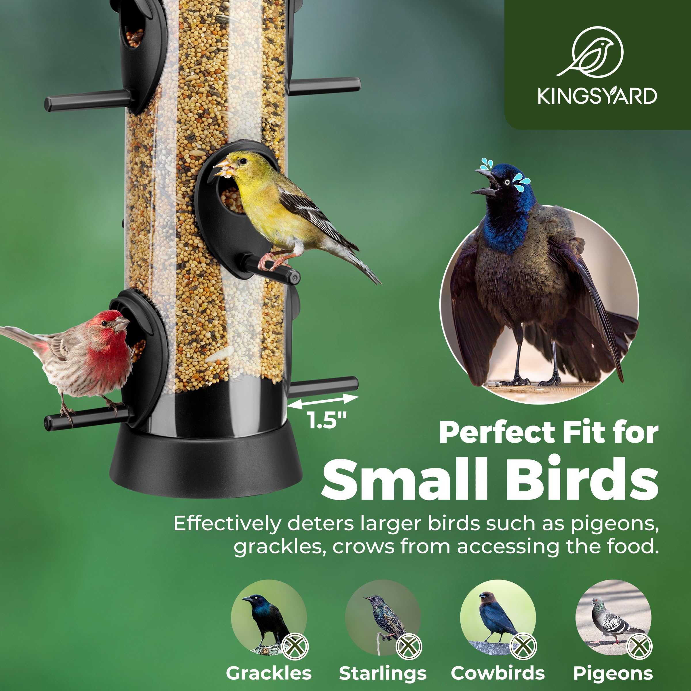 Drainage holes on Kingsyard feeder protect seeds from rain to keep feed dry.