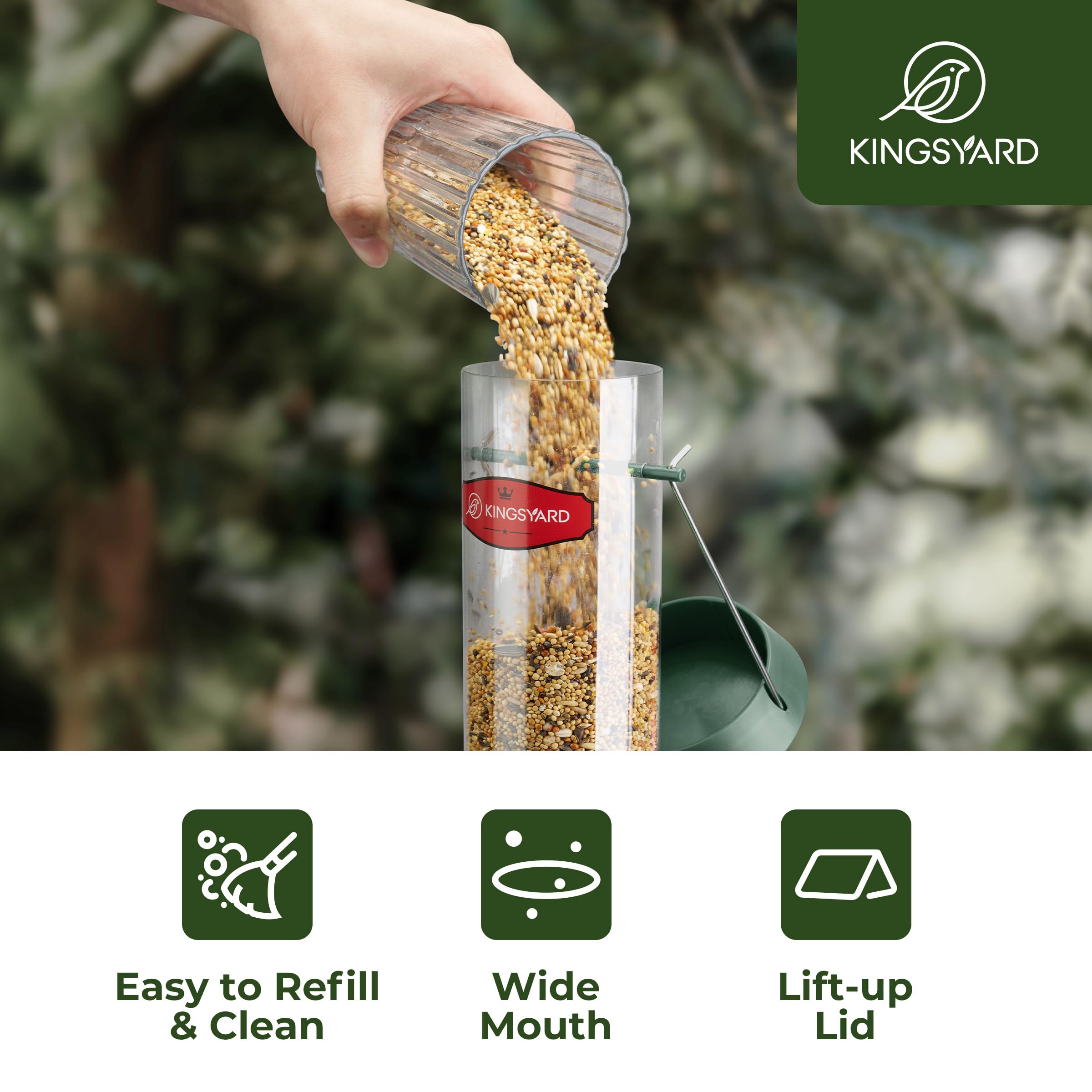 Kingsyard tube bird feeder easy fill lid enables quick setup.