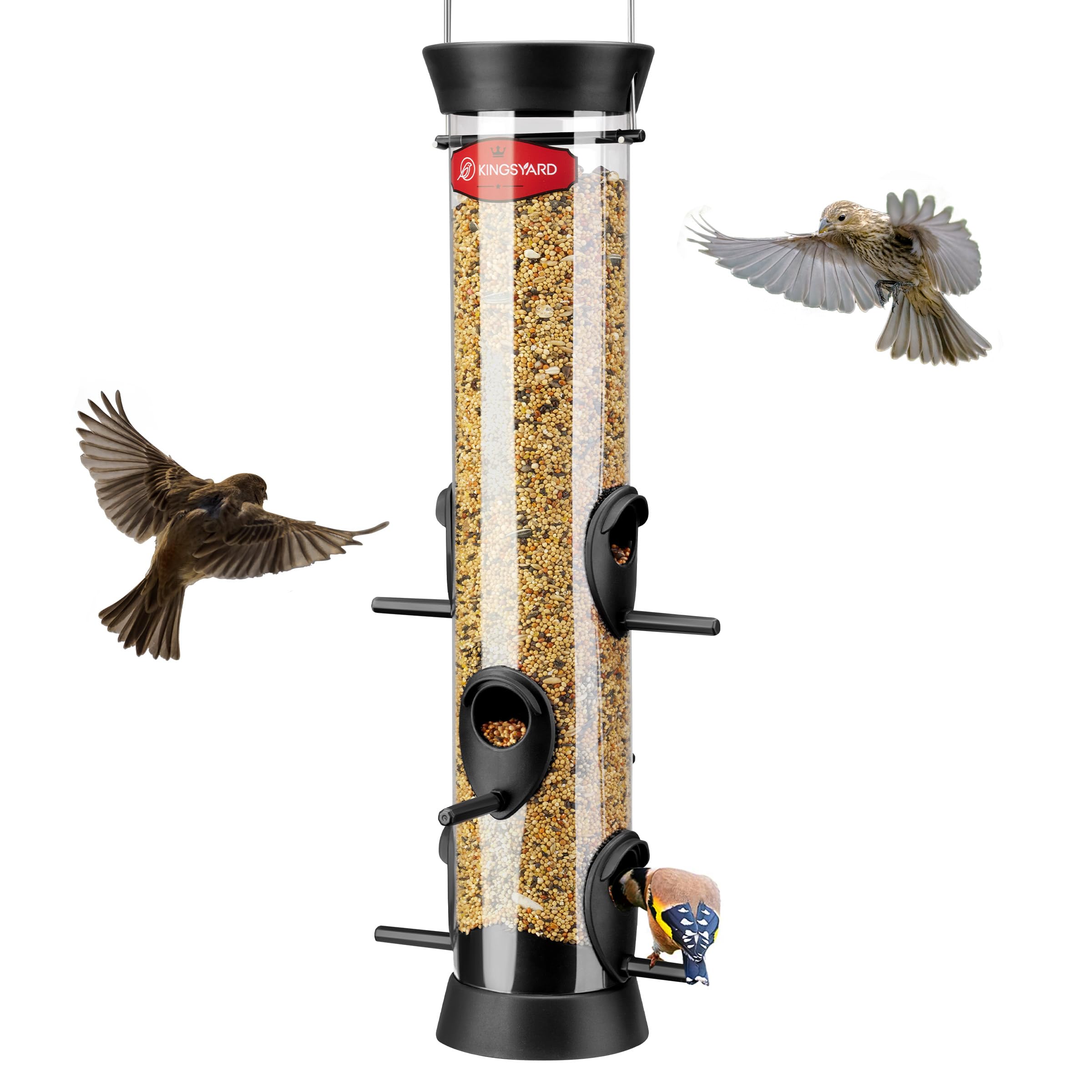 Kingsyard tube bird feeder hung outdoors with 6 ports for family-friendly backyard bird watching.