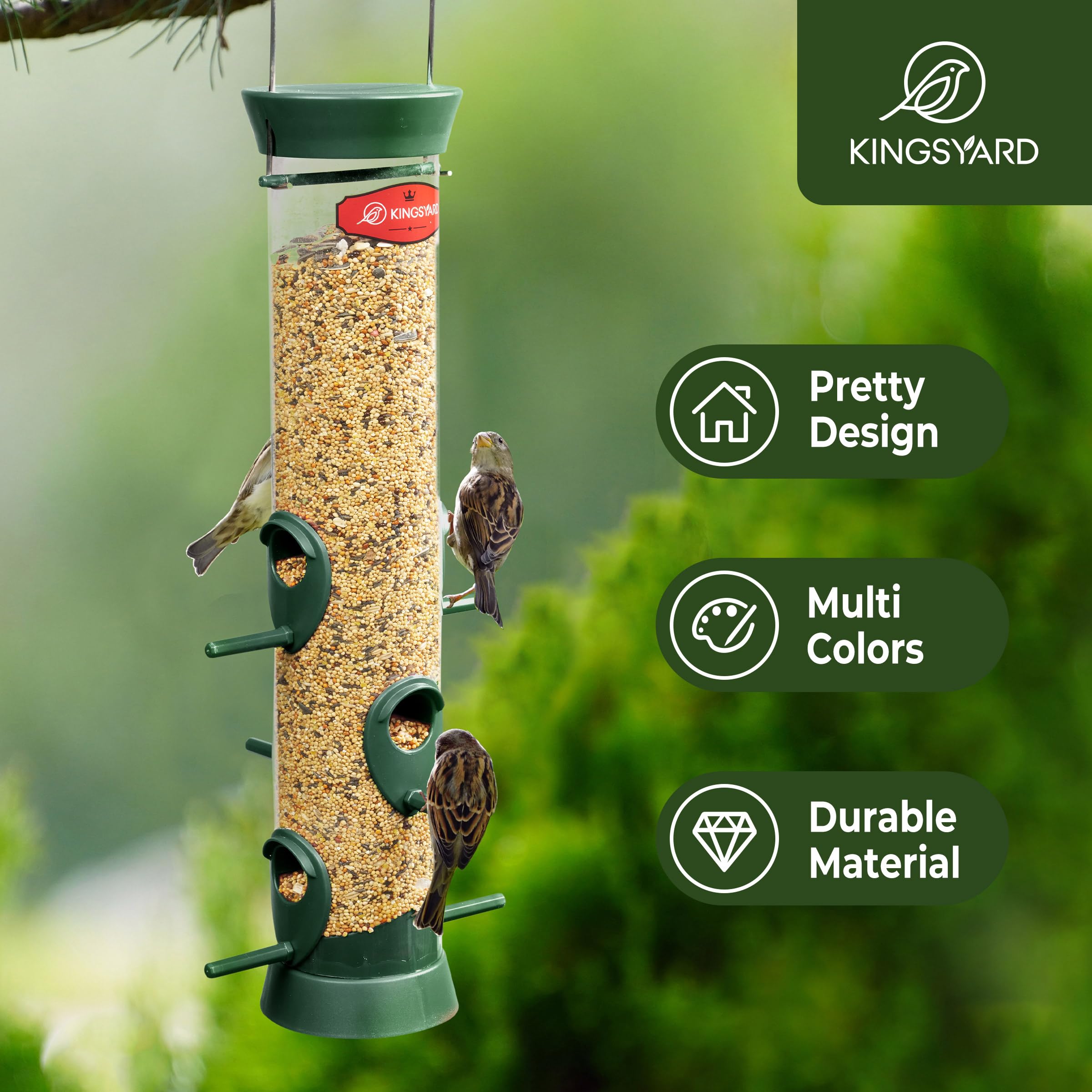 Kingsyard tube bird feeder with 2 lbs seed capacity supports longer backyard feeding.