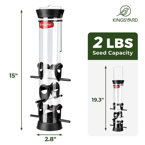 Transparent seed compartment on Kingsyard feeder shows when refilling is needed.