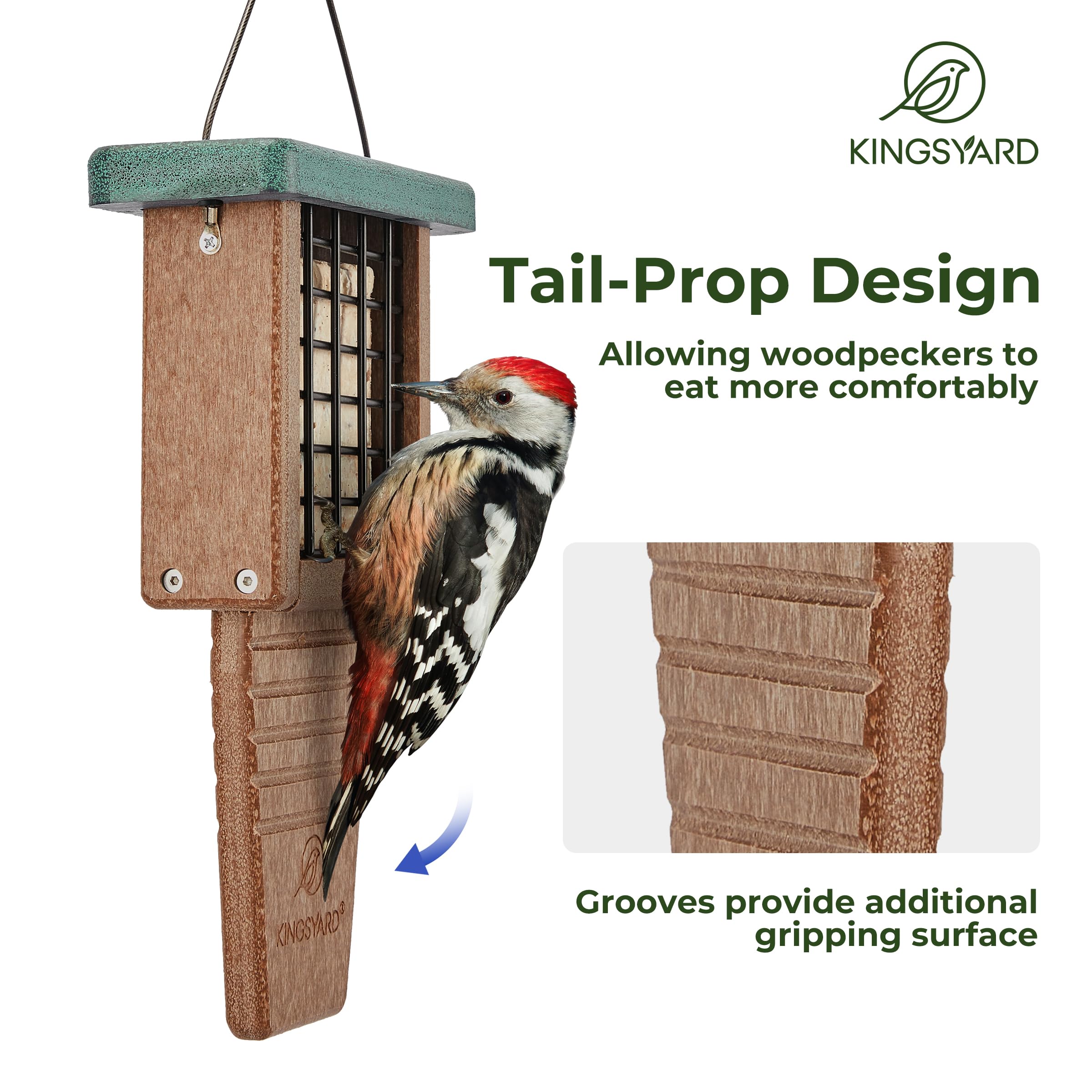 Kingsyard two-sided wire mesh suet feeder supports balanced feeding from either side.