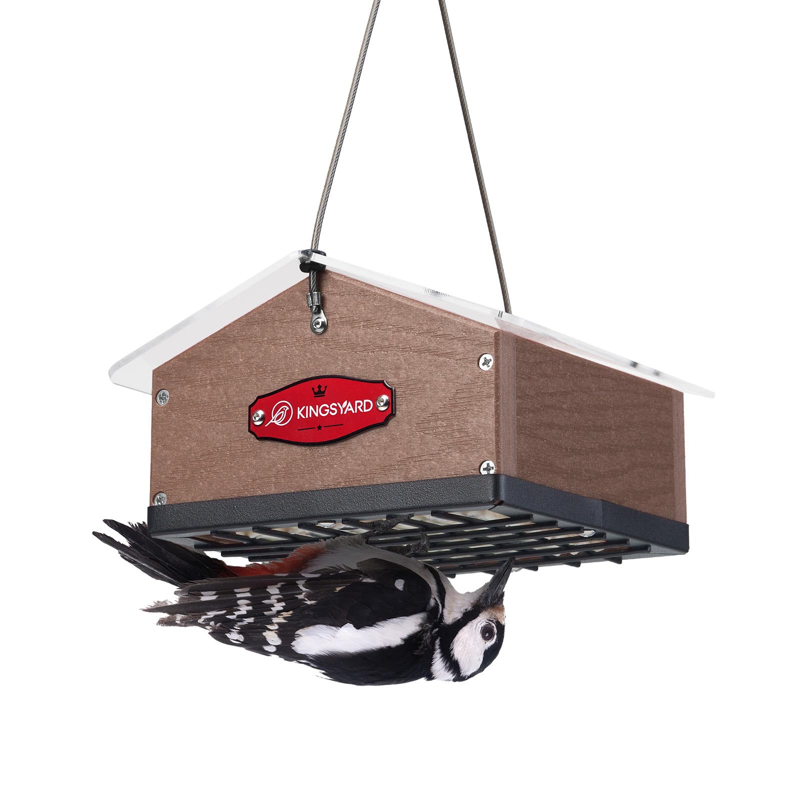 Kingsyard upside-down double suet feeder front view highlighting woodpecker access.
