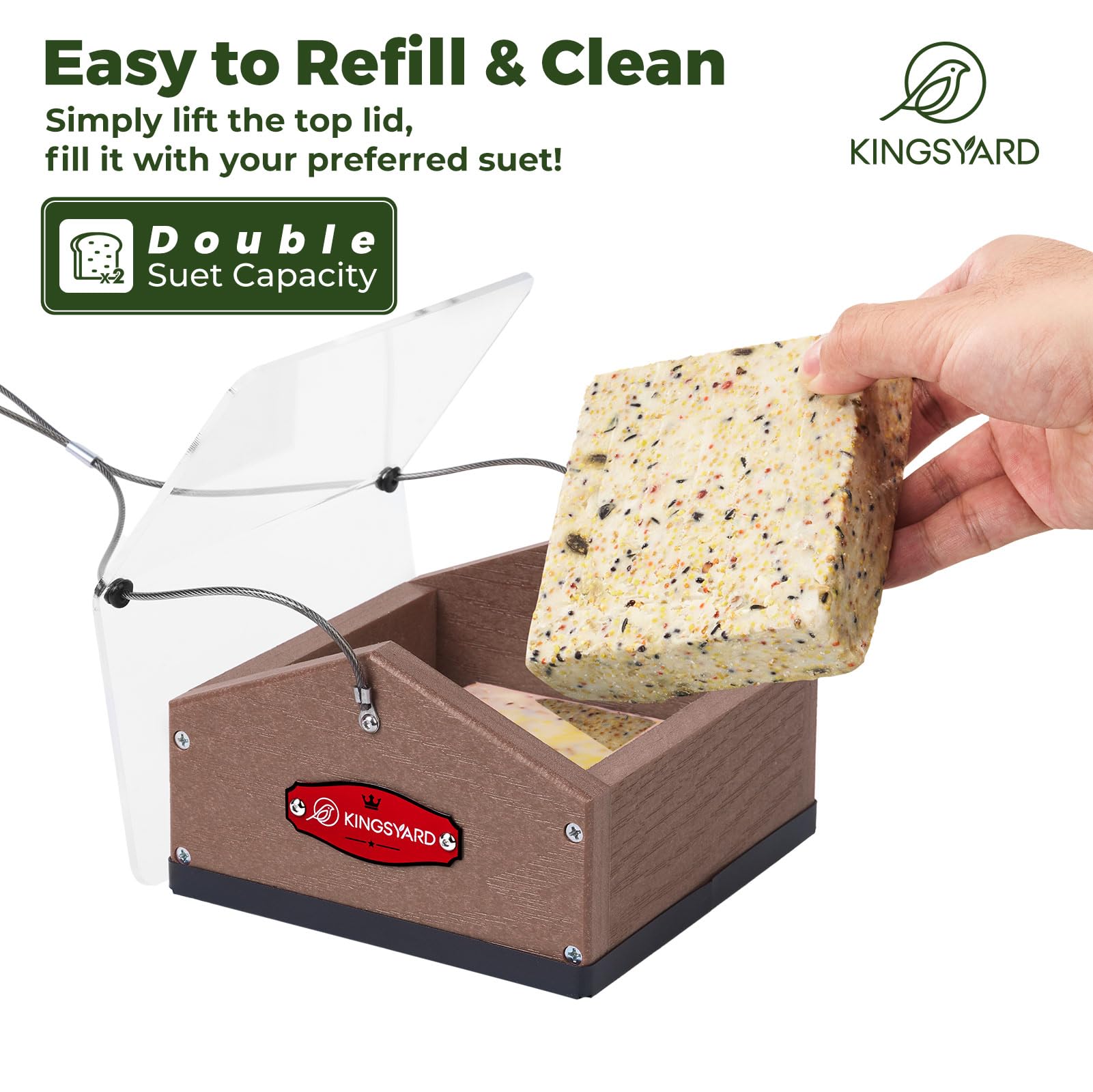 Kingsyard feeder lid-open top view demonstrates easy two-block refills.