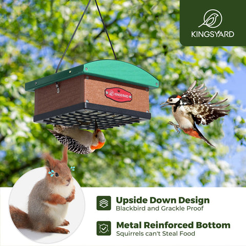 Kingsyard Upside Down Suet Feeder side view shows weatherproof roof protection