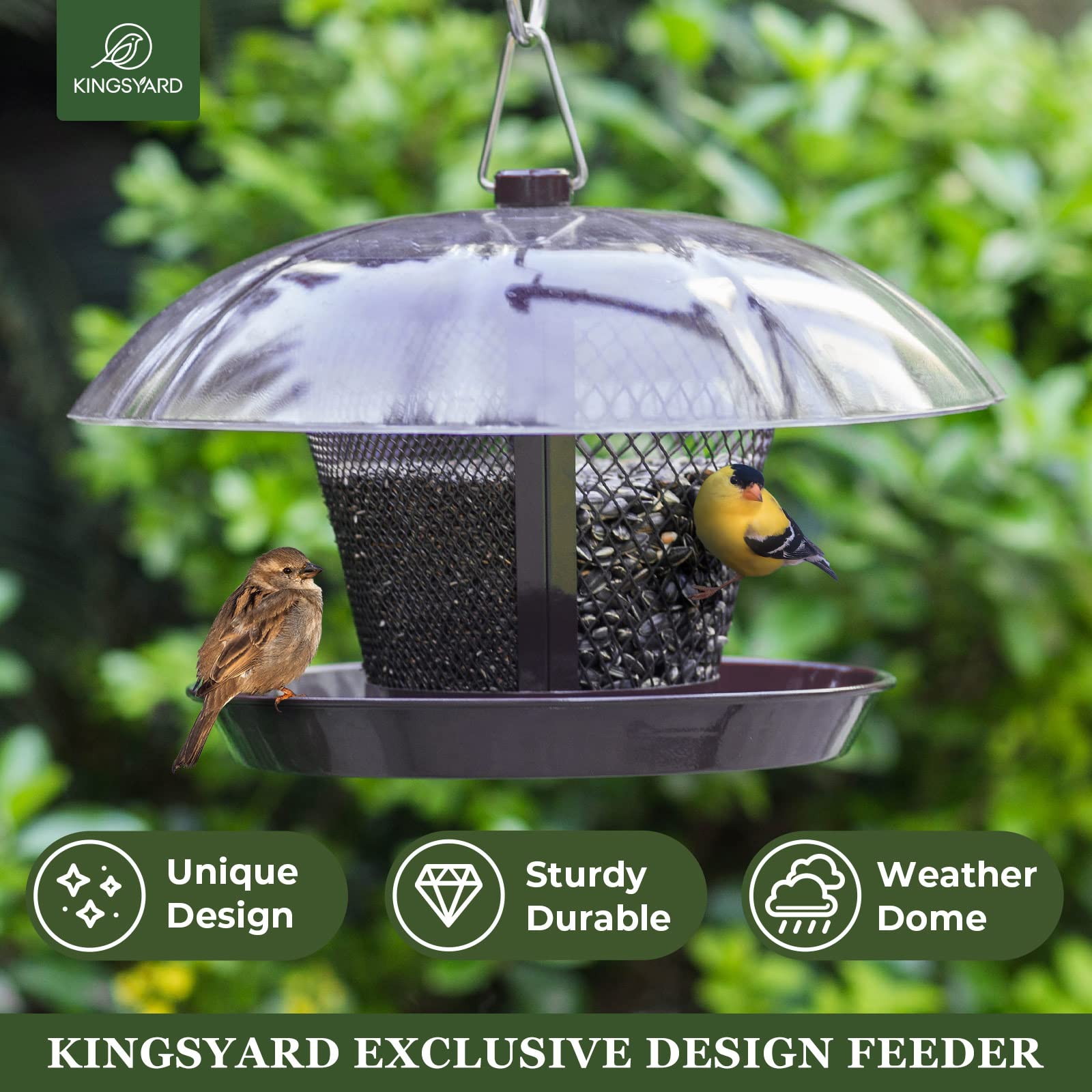 Kingsyard Weatherproof Dome protects seeds and attracts cardinals and finches outdoors.