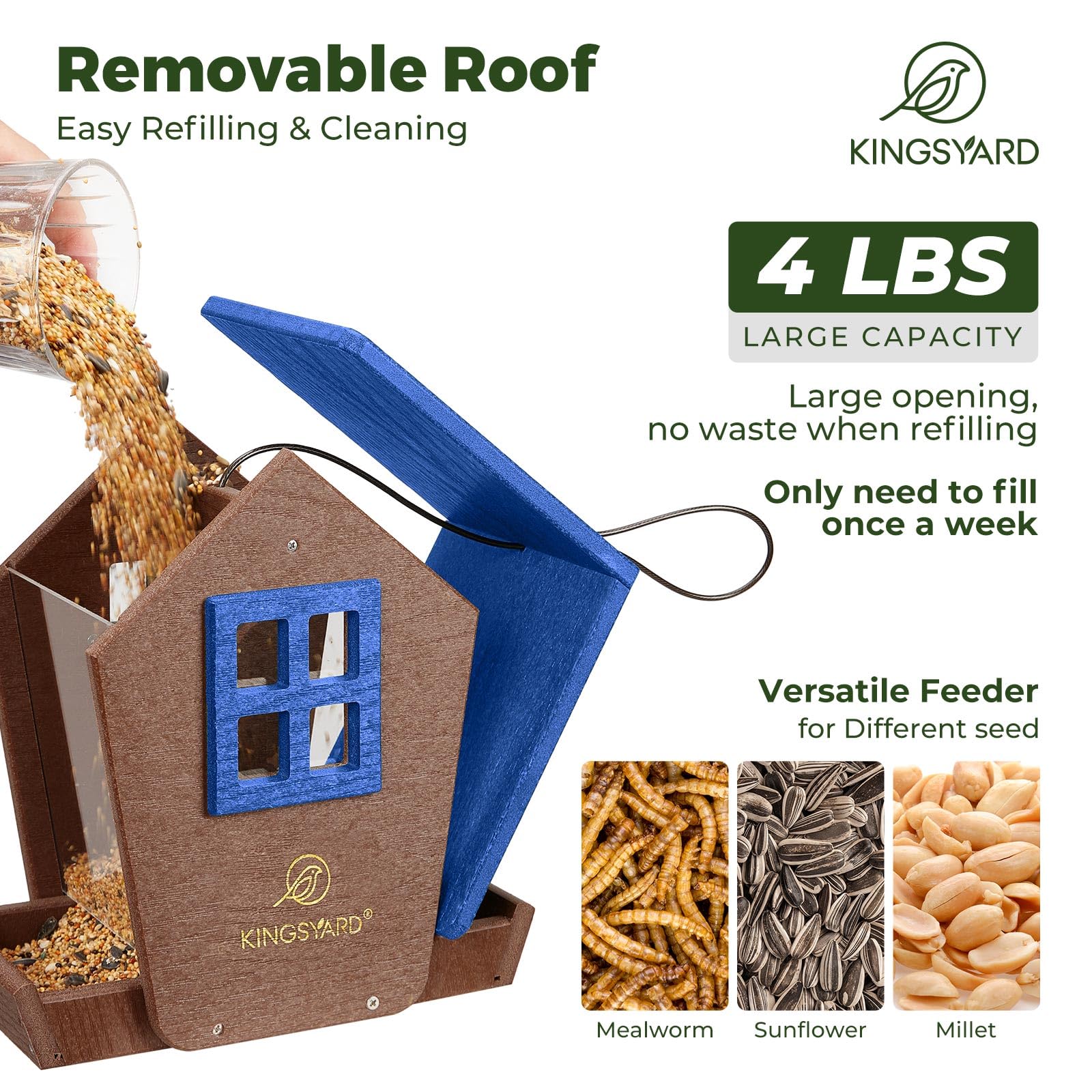 Kingsyard weatherproof roof keeps seeds dry in rain and snow.