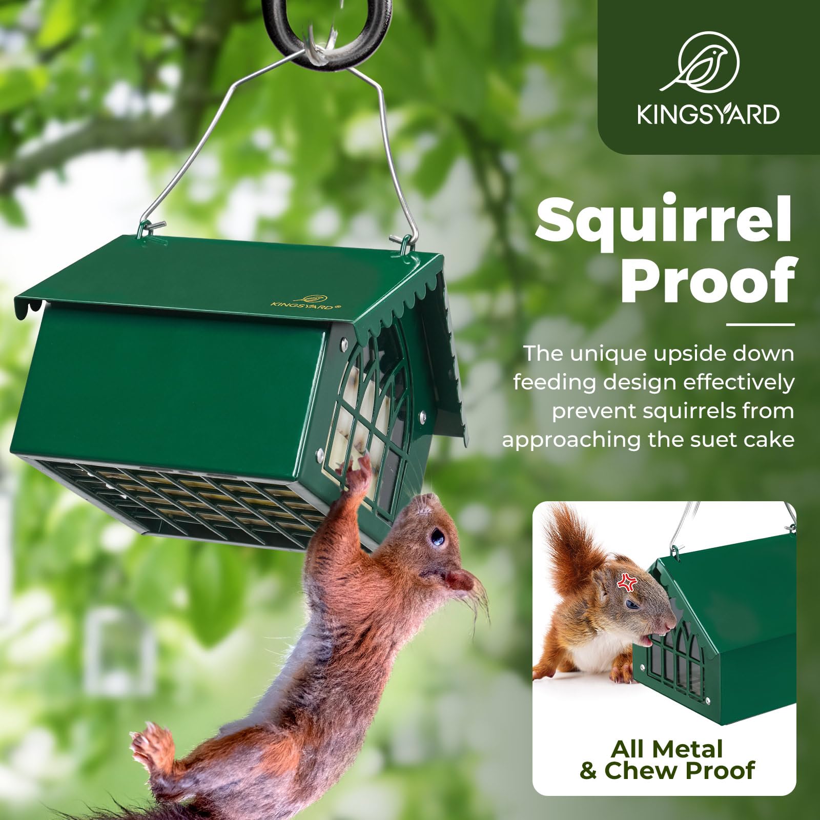 Weatherproof roof shields suet from rain and sun in all seasons.