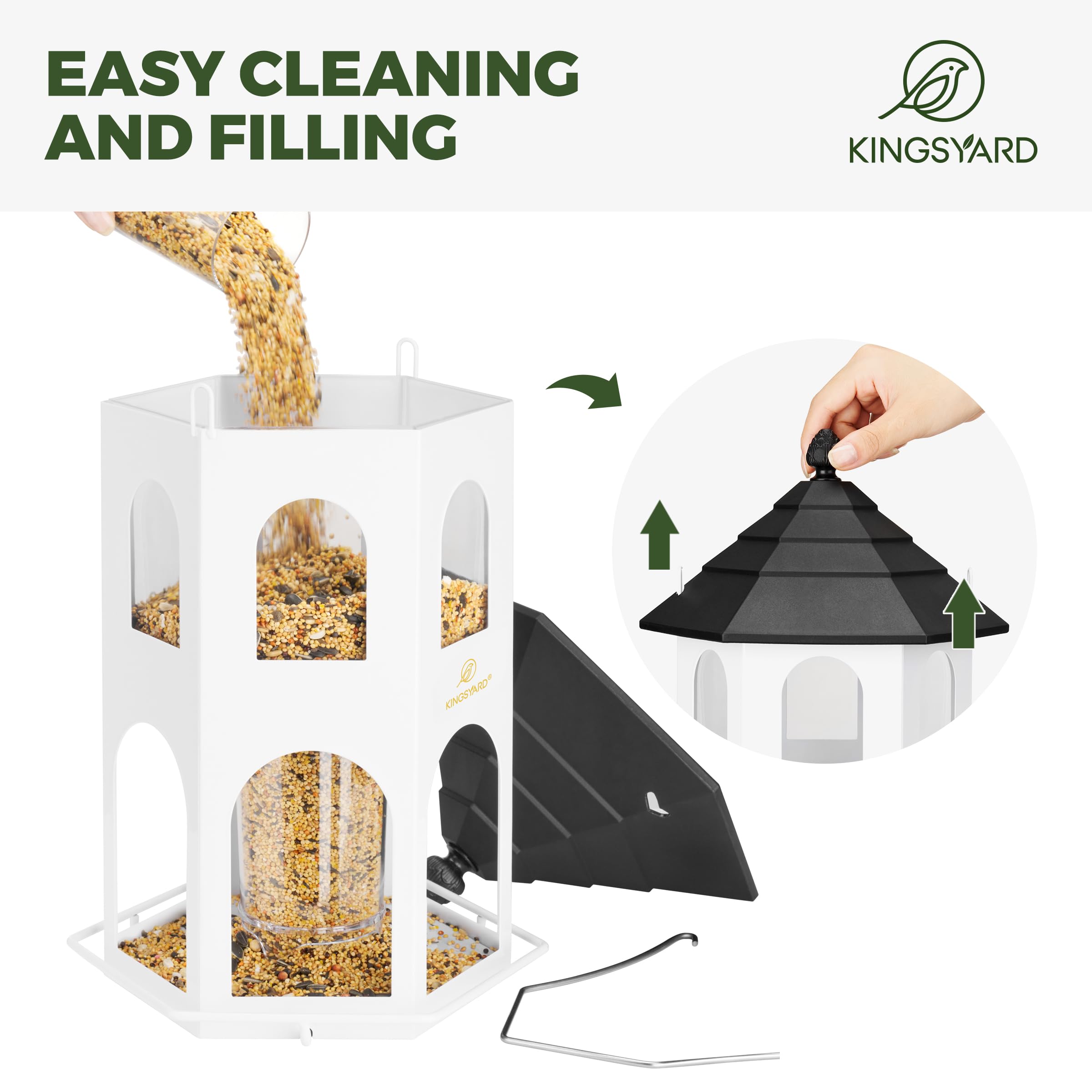 Kingsyard weatherproof finish protects against rust and rain for year-round bird watching.