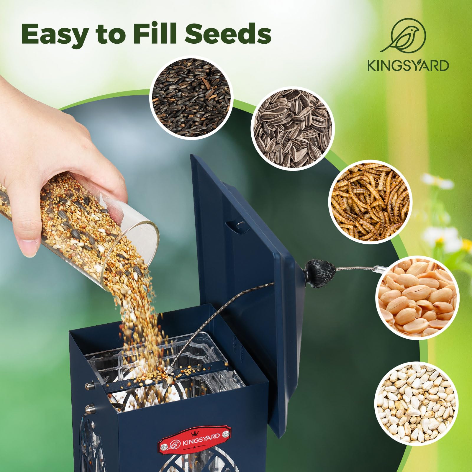 Kingsyard Weatherproof bird feeder protects seeds from rain and moisture.