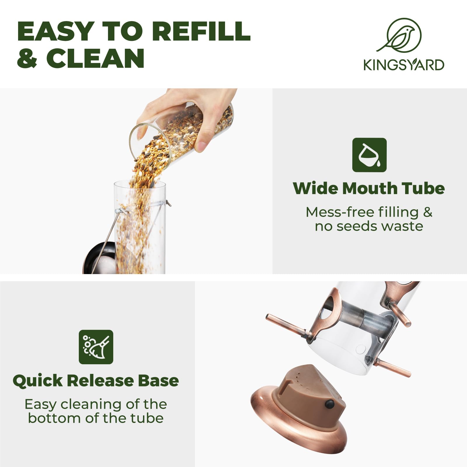 Kingsyard weatherproof seed tube keeps contents dry and fresh.