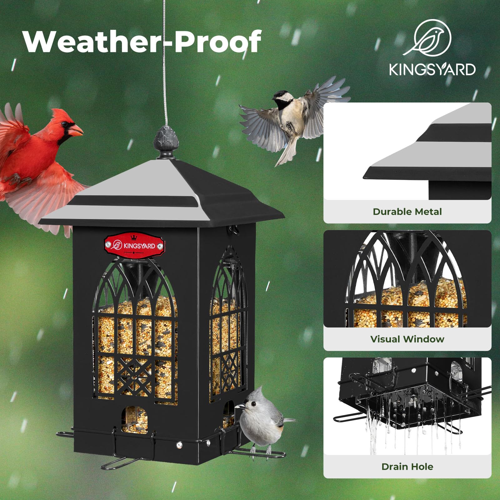 Kingsyard weatherproof sequin-black feeder blends into gardens and withstands rain and snow.