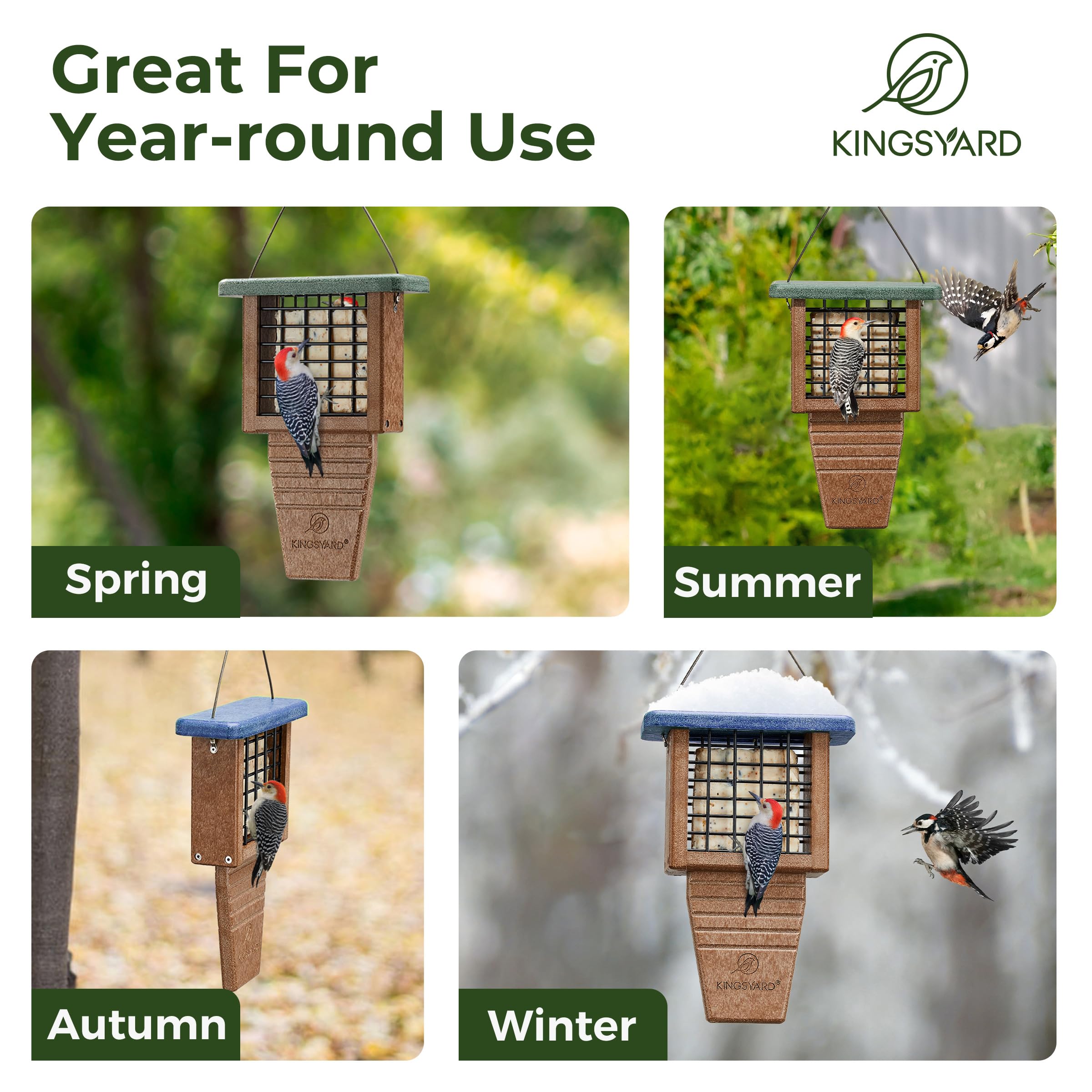 Kingsyard woodpecker-friendly feeder provides stable grip for clingers.