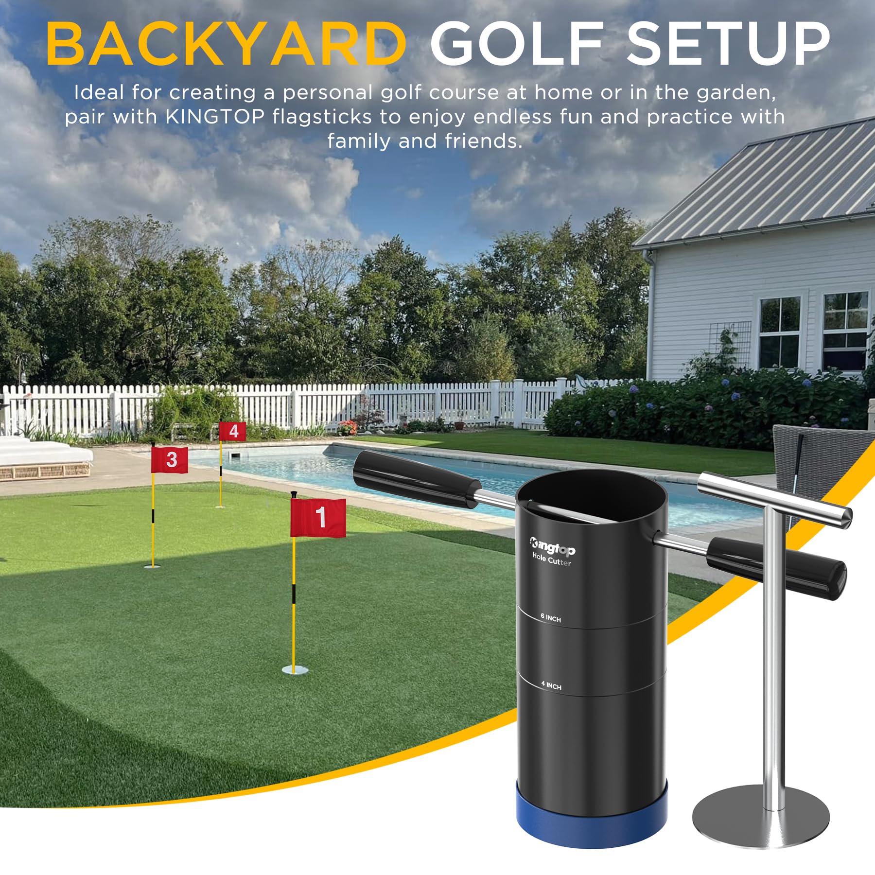 KINGTOP portable hole cutter in use on a home putting green.