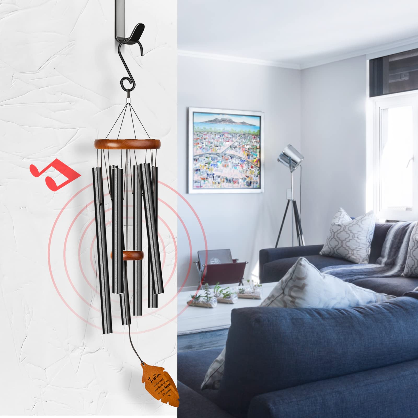 Kingtto Outdoors wind chime comes with silver ring and black nylon string for easy setup.