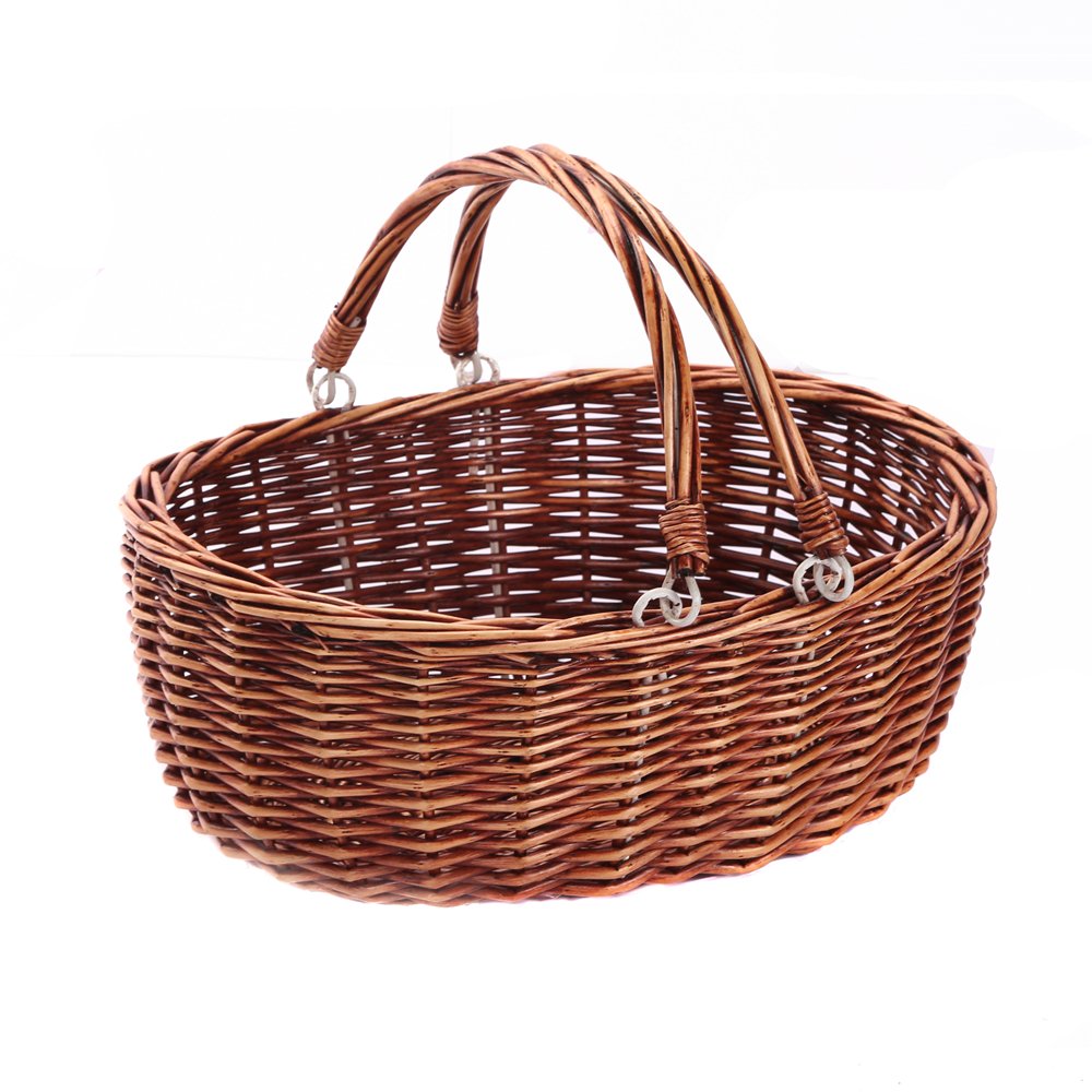 Kingwillow wicker picnic basket with handles, brown finish, ideal for easy outdoor picnics.