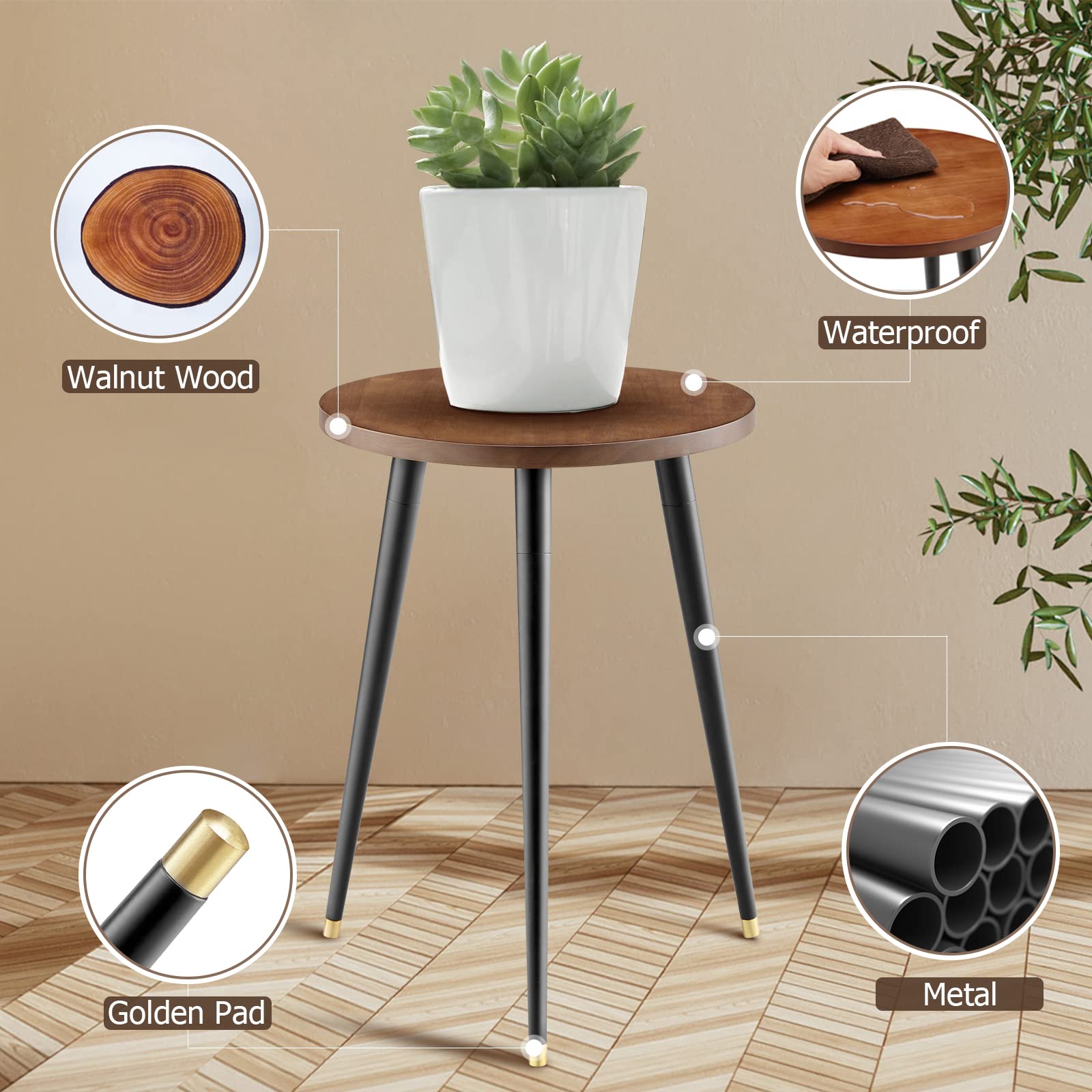 KINNARY plant stand walnut top close-up shows rich grain and UV protection finish.