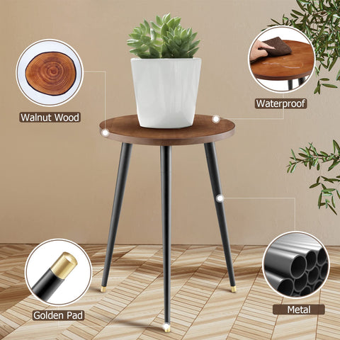 KINNARY plant stand walnut top close-up shows rich grain and UV protection finish.