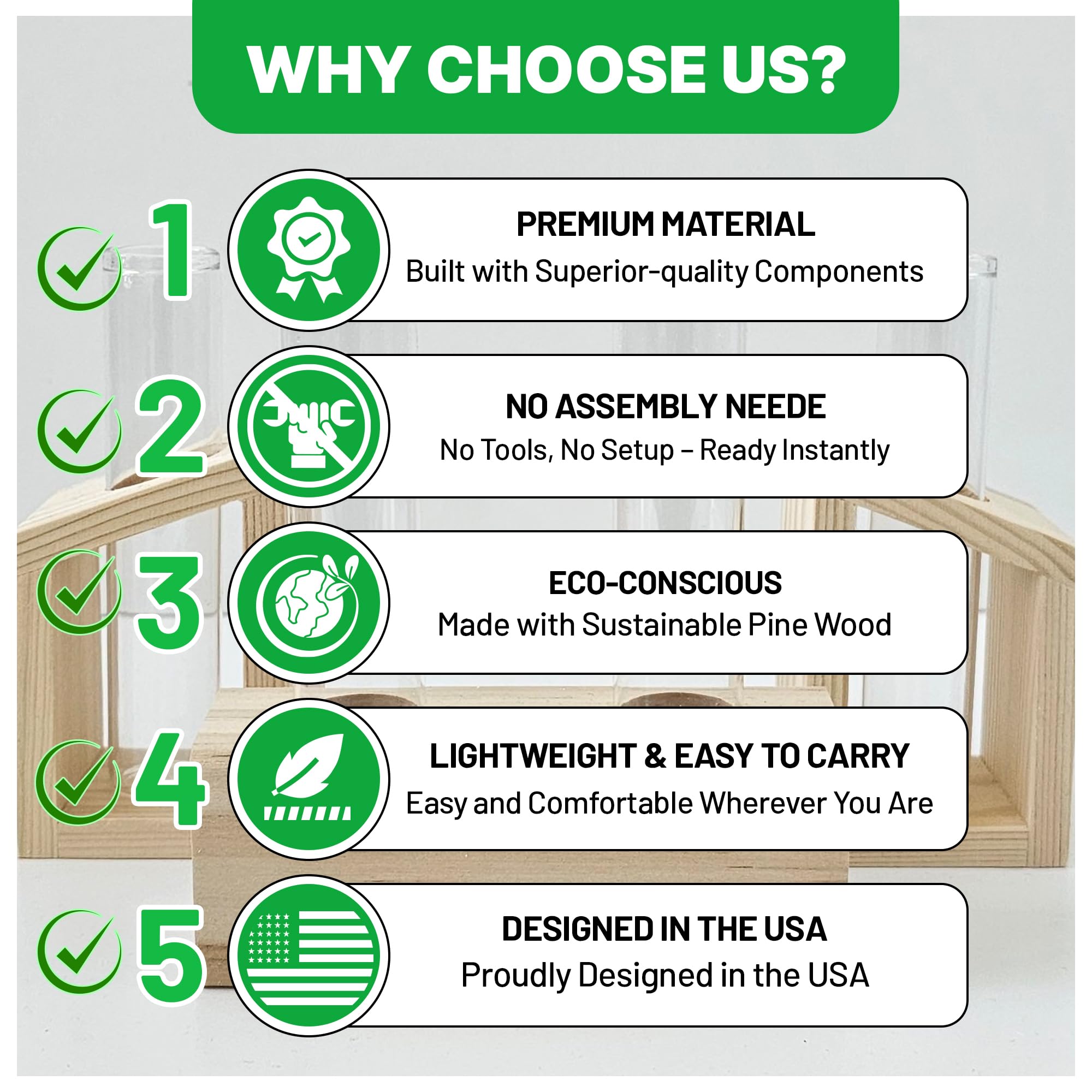 Kinroxy four glass test tubes support multiple cuttings in a tidy hydroponic setup.