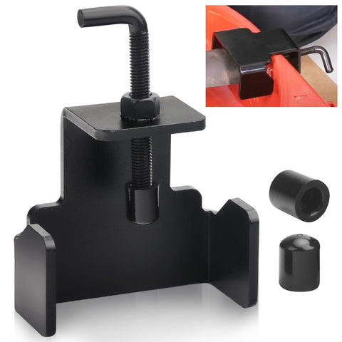 KINTLE universal blade removal tool clamped on a mower deck safely.