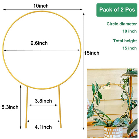 Kiouposy two-pack circle trellis gold supports indoor and outdoor potted vines.