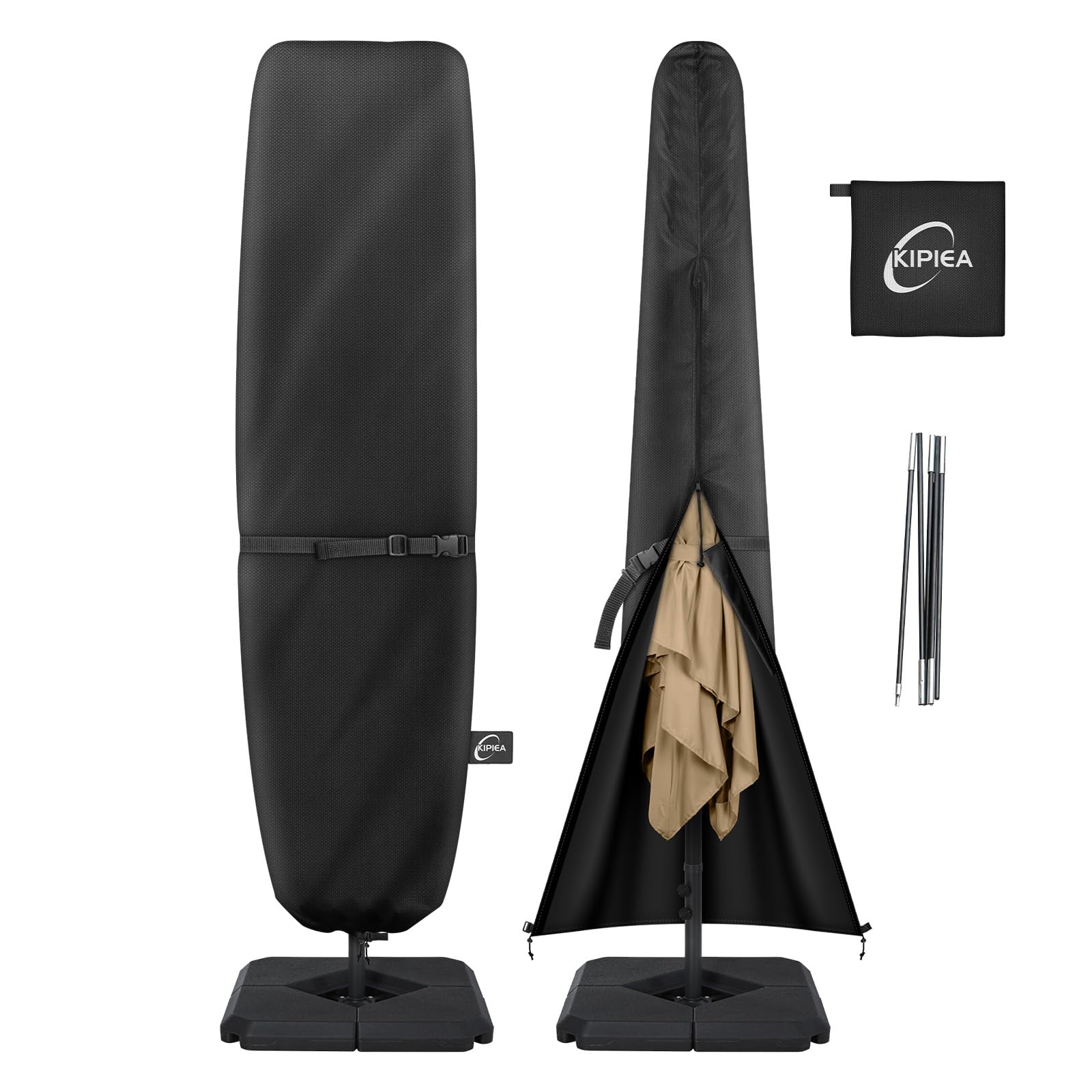 Kipiea umbrella cover fitting 13-15 ft double umbrella, top-view on sunny patio