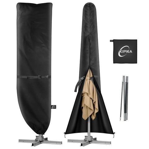 Kipiea patio umbrella cover fitted on a 9-13 ft cantilever umbrella for full coverage.