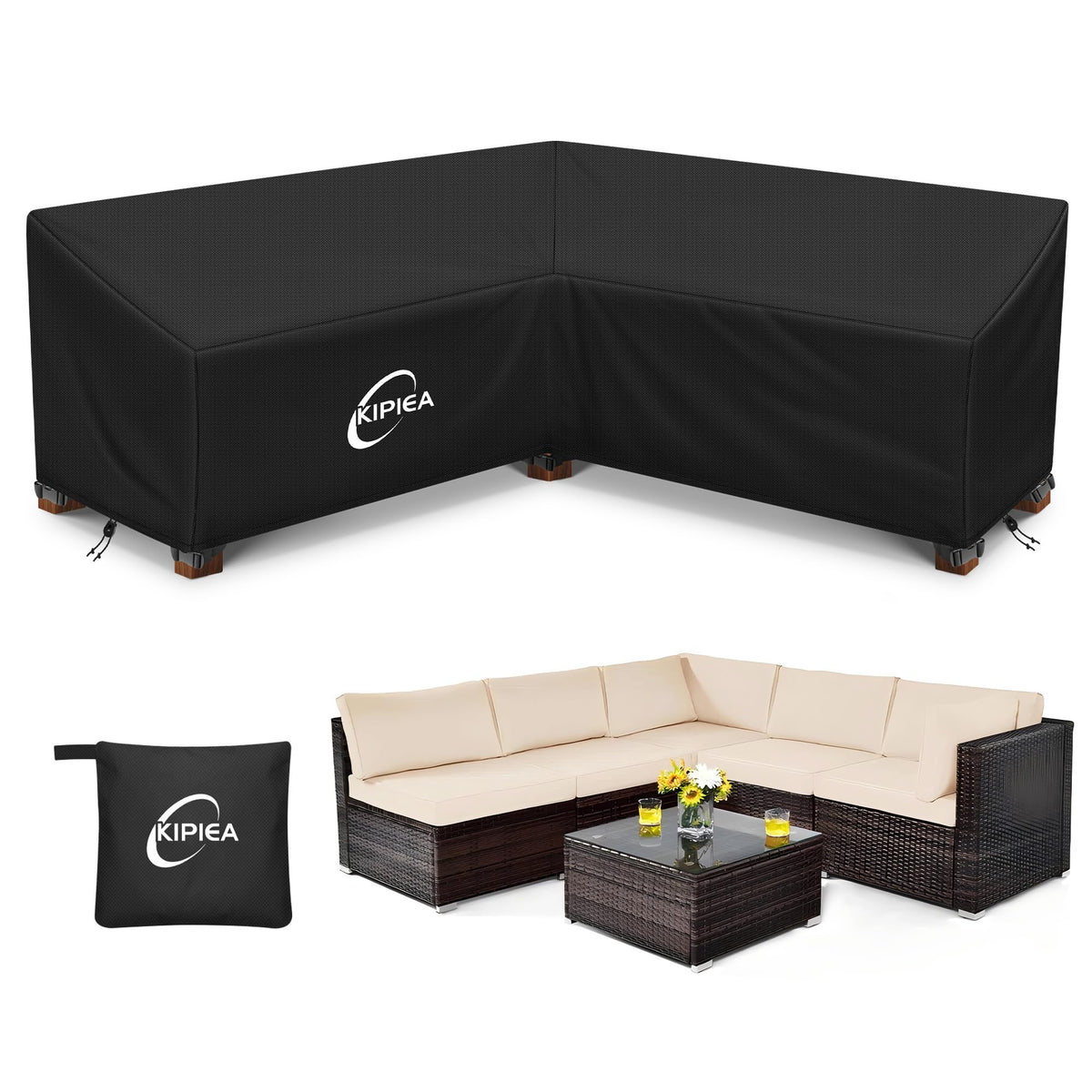 Kipiea Patio V-Shaped Sofa Cover front view protecting outdoor furniture
