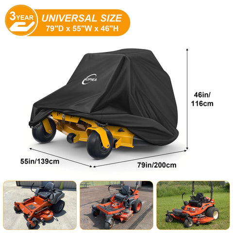 Kipiea weatherproof mower cover with sealed seams keeps rain out.