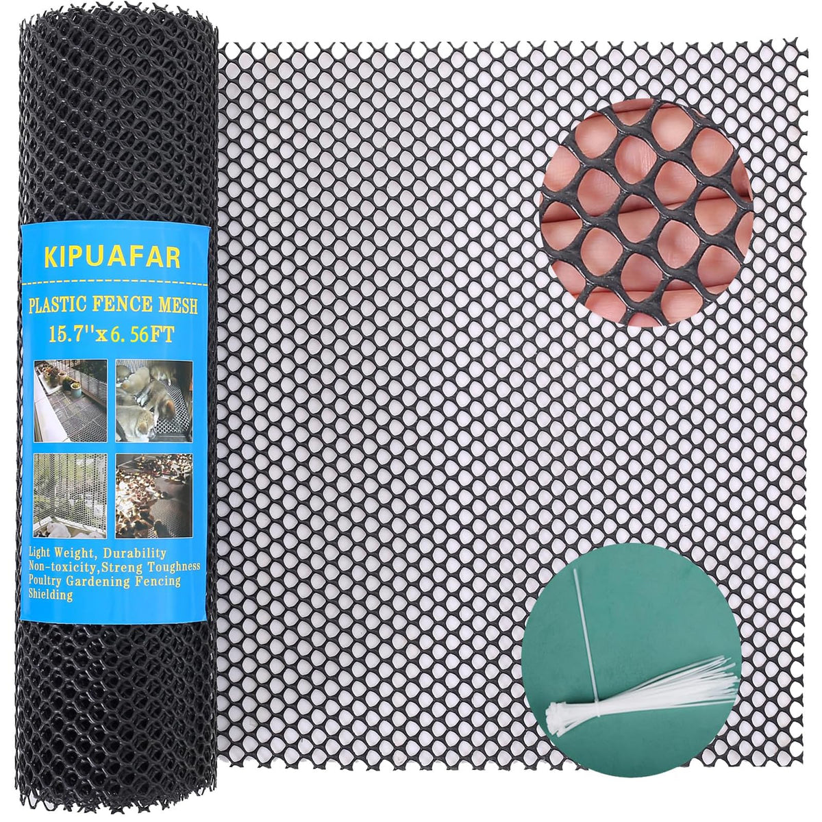 Kipuafar pet-proof barrier net in black plastic mesh for outdoor fencing.