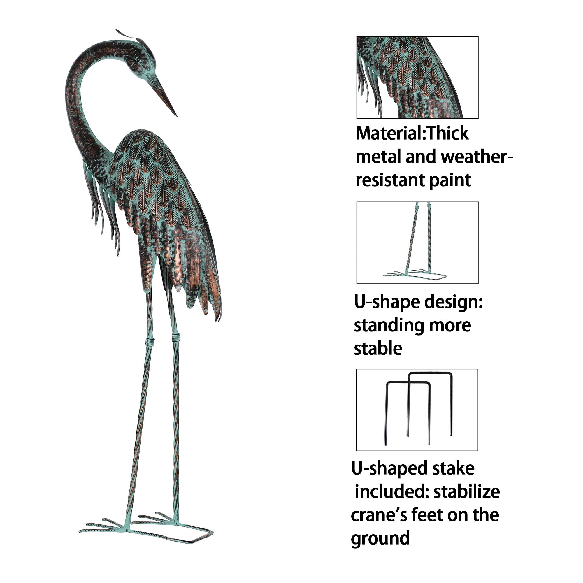Kircust patio crane statue complements deck and pond surroundings.