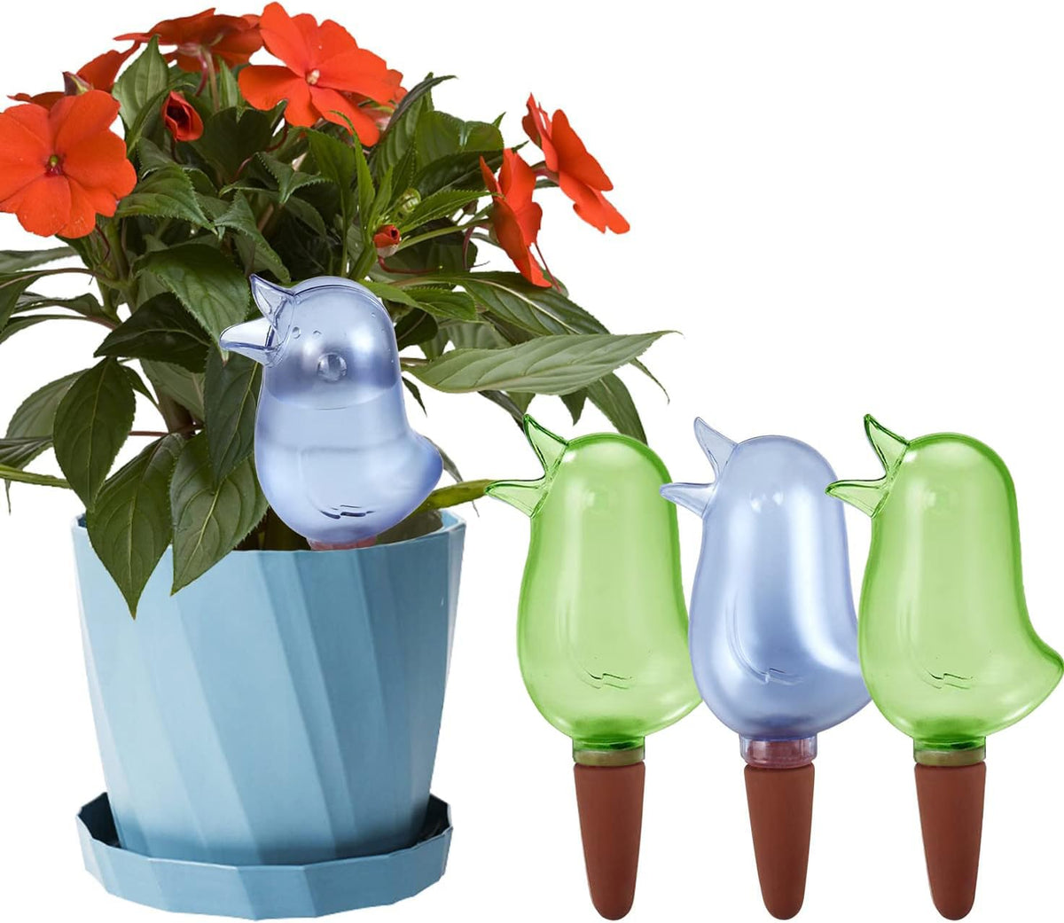 KIROYAL 4-pack self-watering spikes in green and blue hydrates potted plants.