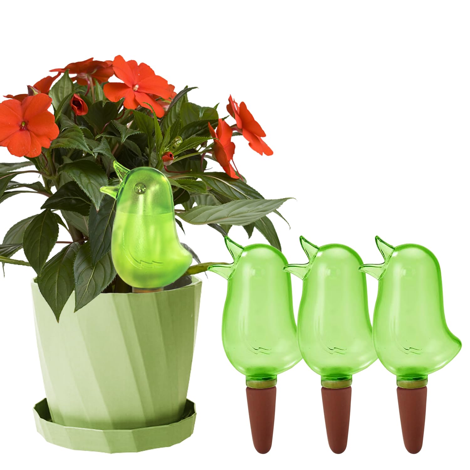 KIROYAL bird-shaped watering spike in green provides steady moisture for potted plants.