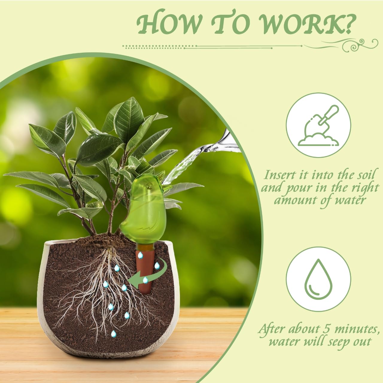 KIROYAL self-watering spike in action supports indoor plant care while you work.