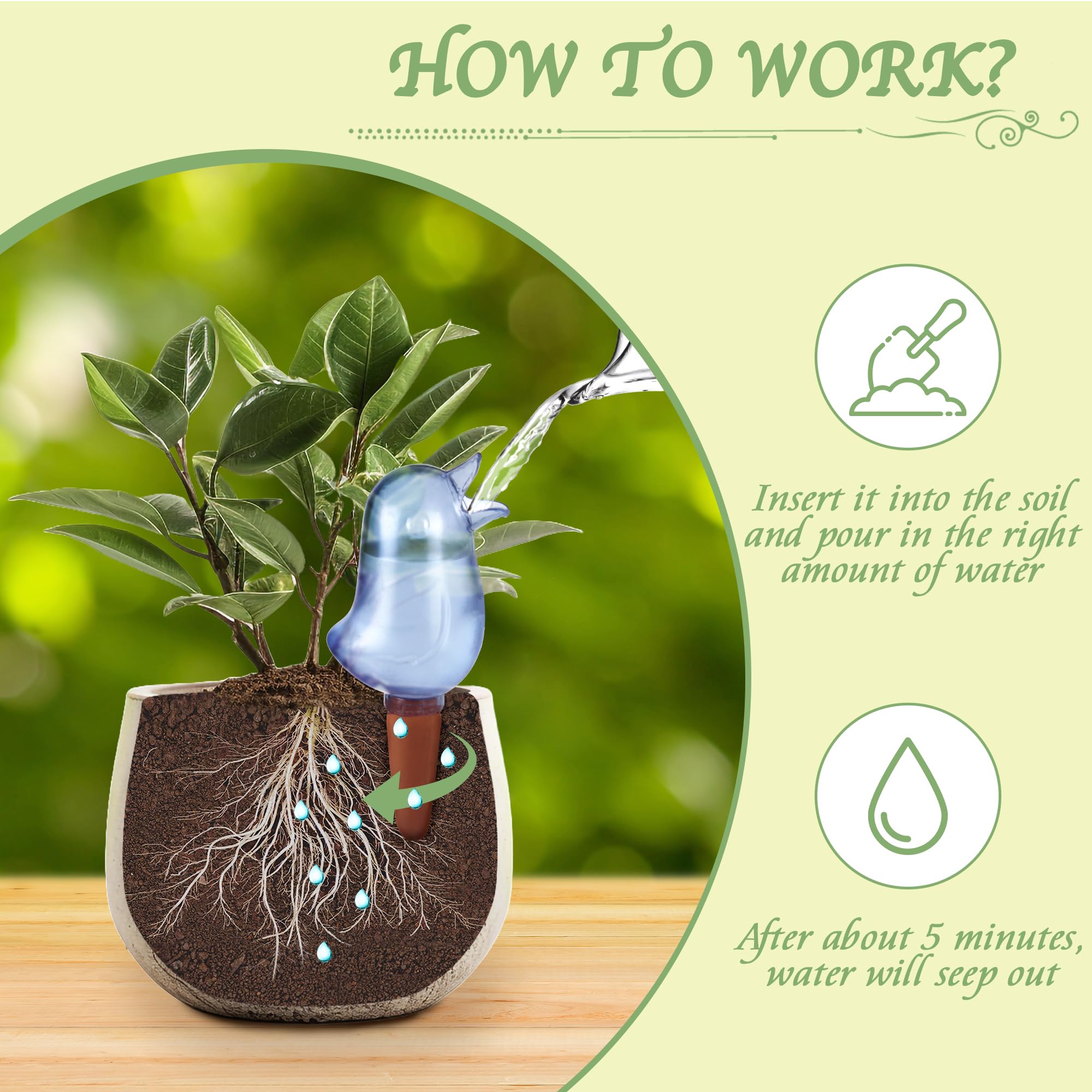 KIROYAL bird-shape watering spike in blue helps prevent drought stress for houseplants.