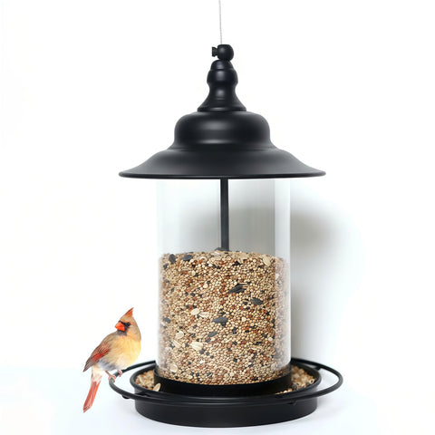 KiRuan Deco bird feeder with locking lid protects seeds for visiting birds.