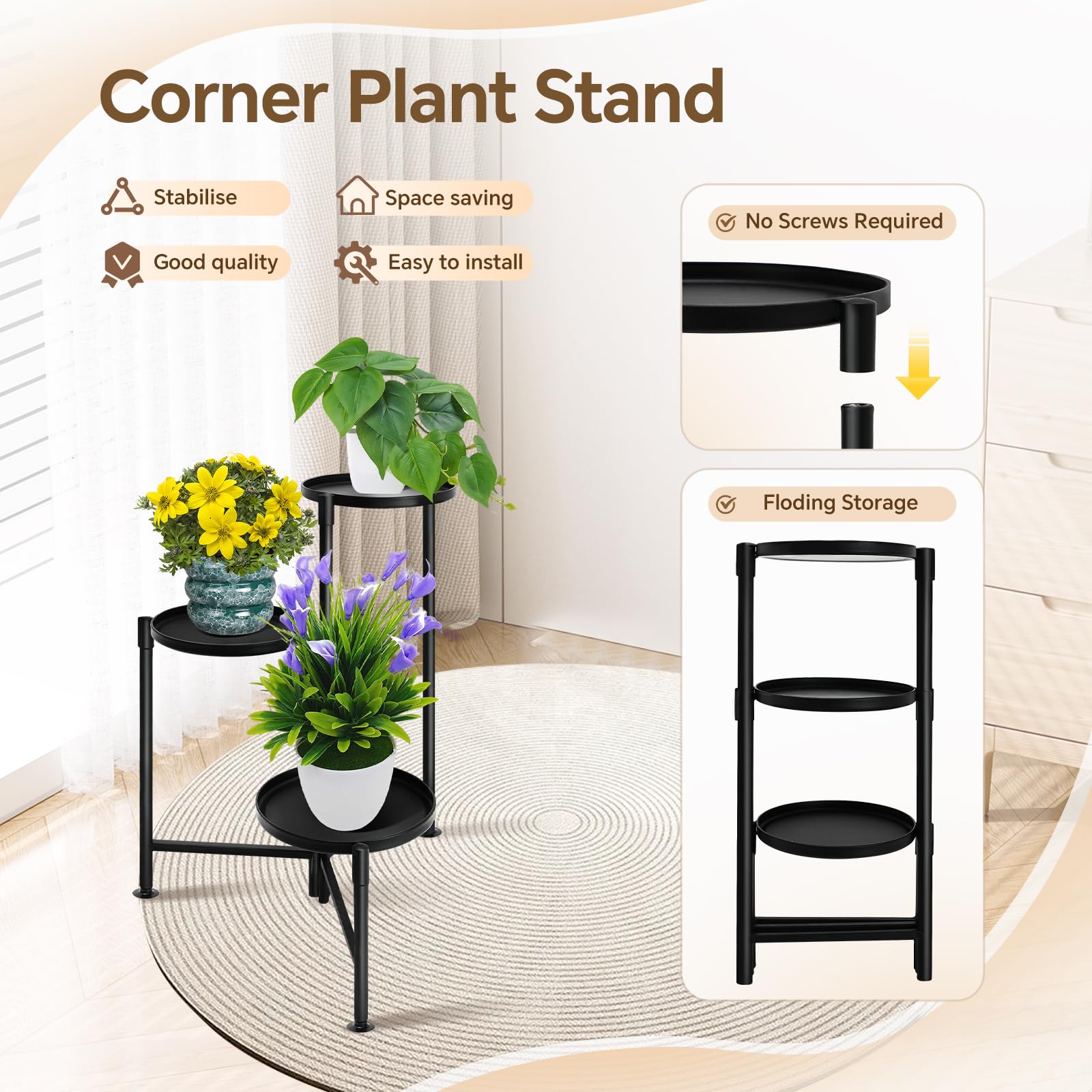 KISENG foldable corner plant stand in living room setup