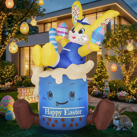 KISSUNY 7.3ft Easter bunny in blue cup with LED lights brightens the yard.