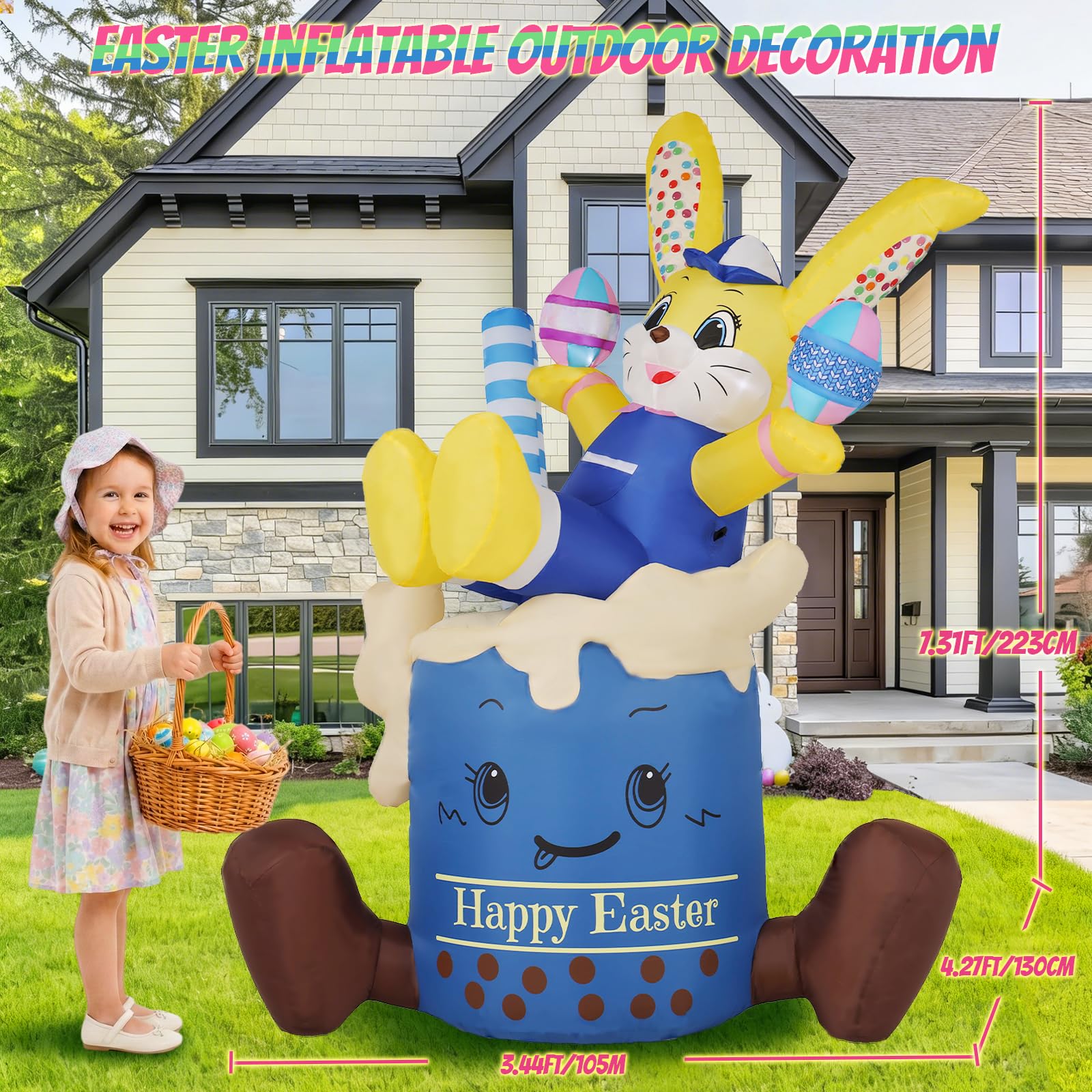 KISSUNY giant yellow bunny in blue cup glows beautifully at night.