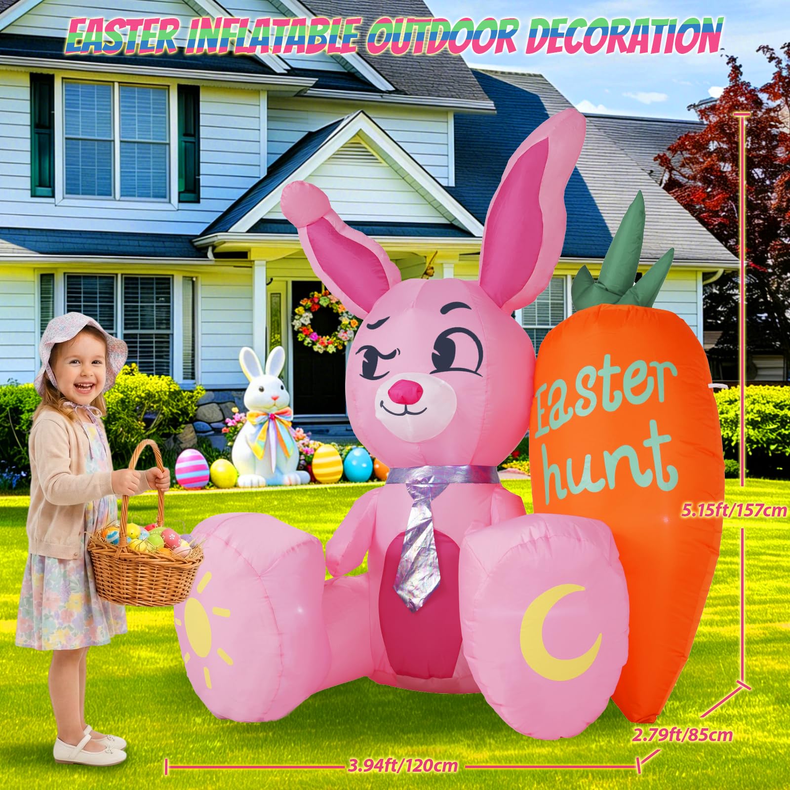 KISSUNY pink bunny with orange carrot lights up entryways for Easter parties.